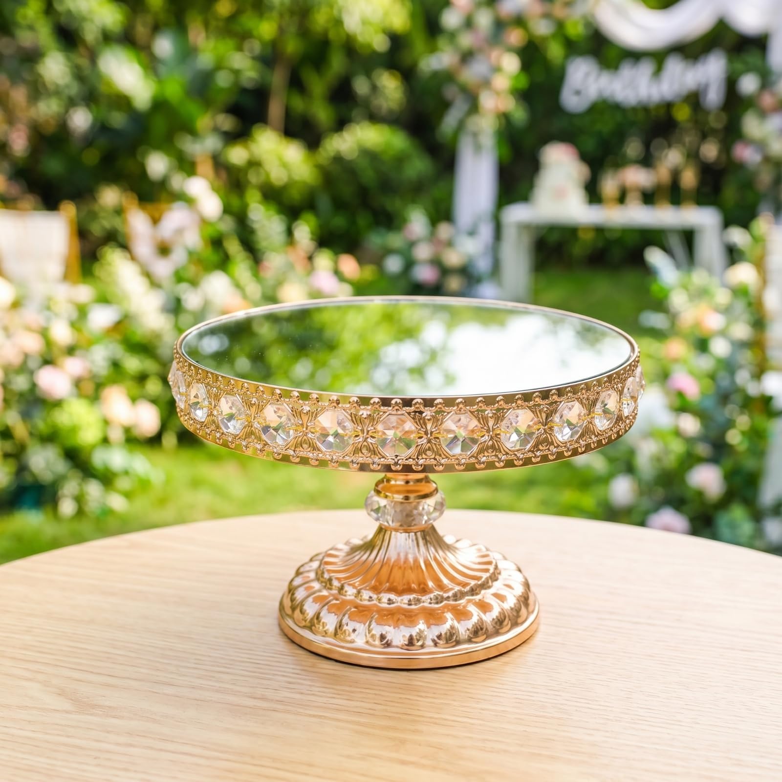 Spiegelnder Kuchenständer Tortenständer Dessertständer Kuchenplatte mit Erhöhter Basis Und Spiegeloberfläche Glitzernder Kristalloptik aus Eisen Und , Gold , Groß