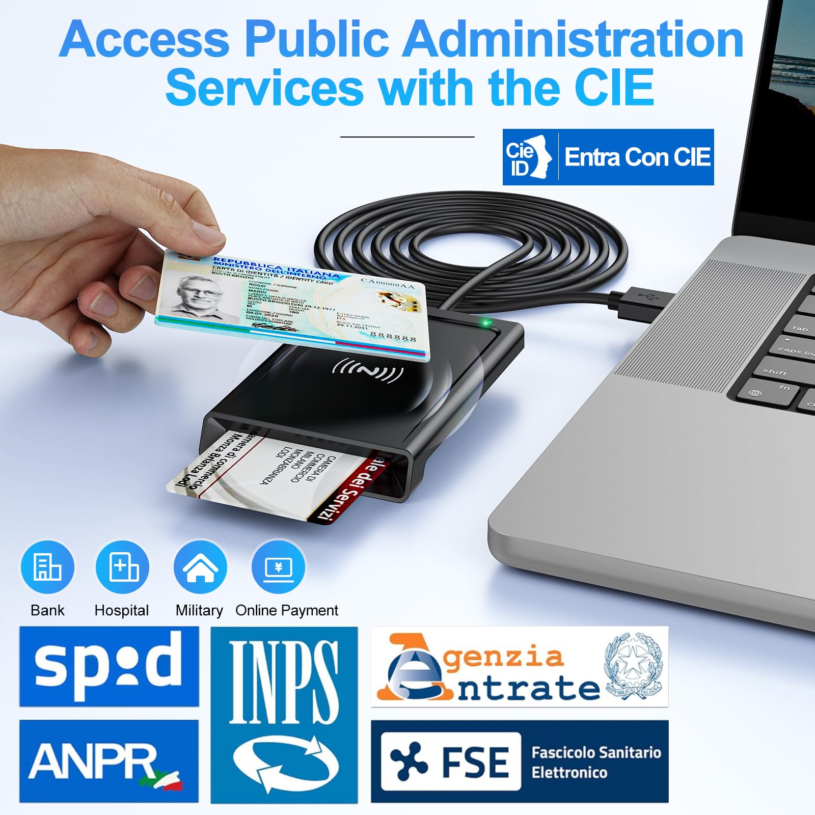 USB Lettore CIE 3.0 Carta d'identità Elettronica e Tessera Sanitaria Italiana,Lettore Smart Card Firma Digitale Lettore NFC Lettore Smart contatto e contactless CIE/CRS/CNS per PC Windows 10 11 Linux