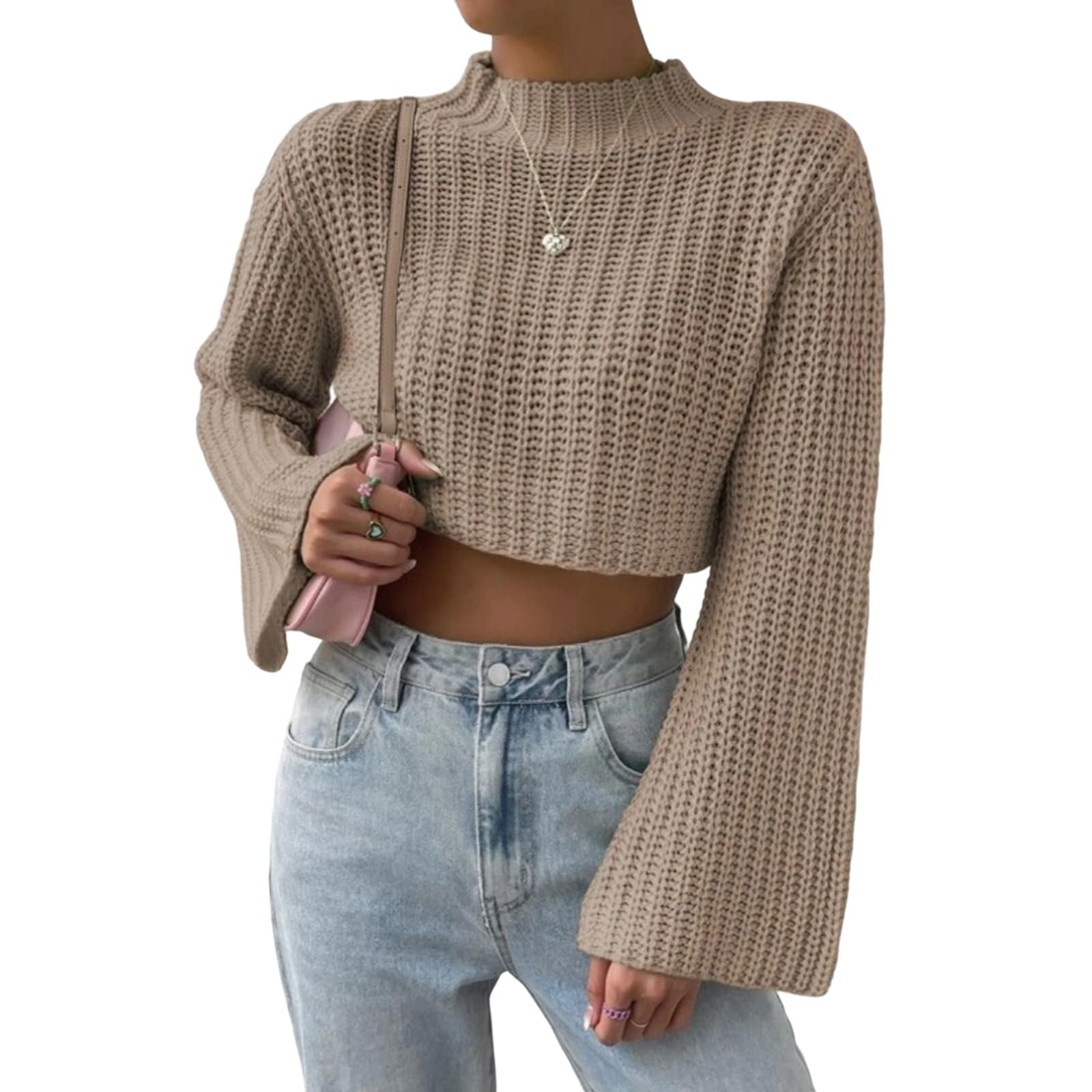 Mock Neck Crop Sweater for Women Trendy Cozy Chunky Knit Cropped Sweaters Turtleneck Casual Cute Long Sleeve Tops