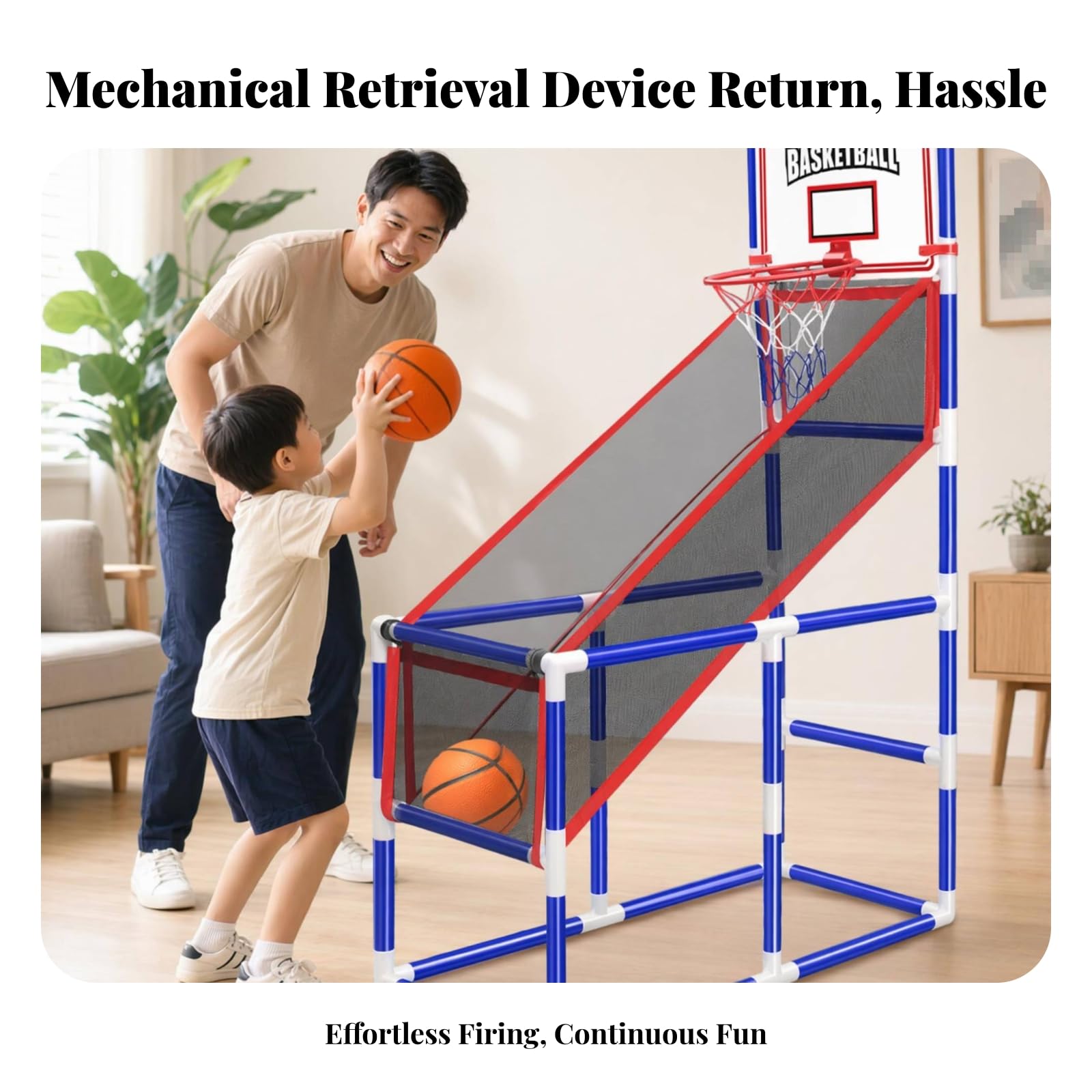 Macchina Canestro Giocattolo Bambini Gioco Basket con Canestro Tabellone Rampa di Ritorno E Restituzione Palla Automatica 4 Palloni E Pompa Adatta per Casa Giardino Compleanni