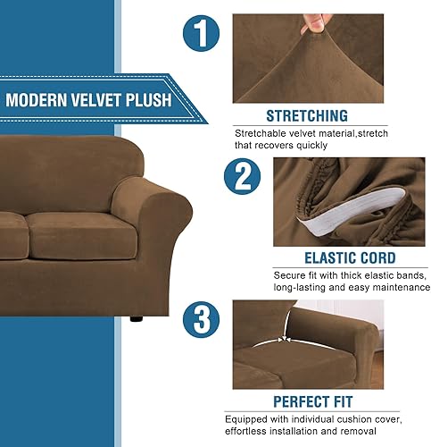 Miniatura 3 de H.VERSAILTEX - Funda protectora de terciopelo moderno y afelpado para sofá de 4 piezas, muy elástica, extragrande, para sofá de 3 cojines con un