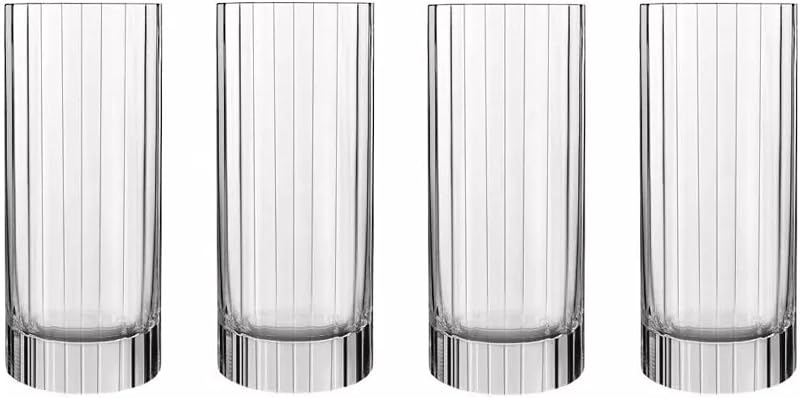 Luigi Bormioli Bach Highball Glasses, 16.5 Oz - Clear, Set of 4 | Durable Crystal Glasses, Ribbed Design Drinkware for Cocktails, Iced Tea & Juices, Smooth Rim, Heavy Base, Dishwasher Safe