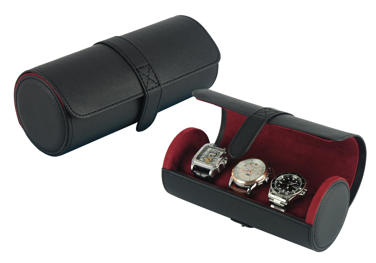 TIMELYBUYS Caja de reloj de viaje Saffiano de lujo con 3 relojes y rollo de joyería