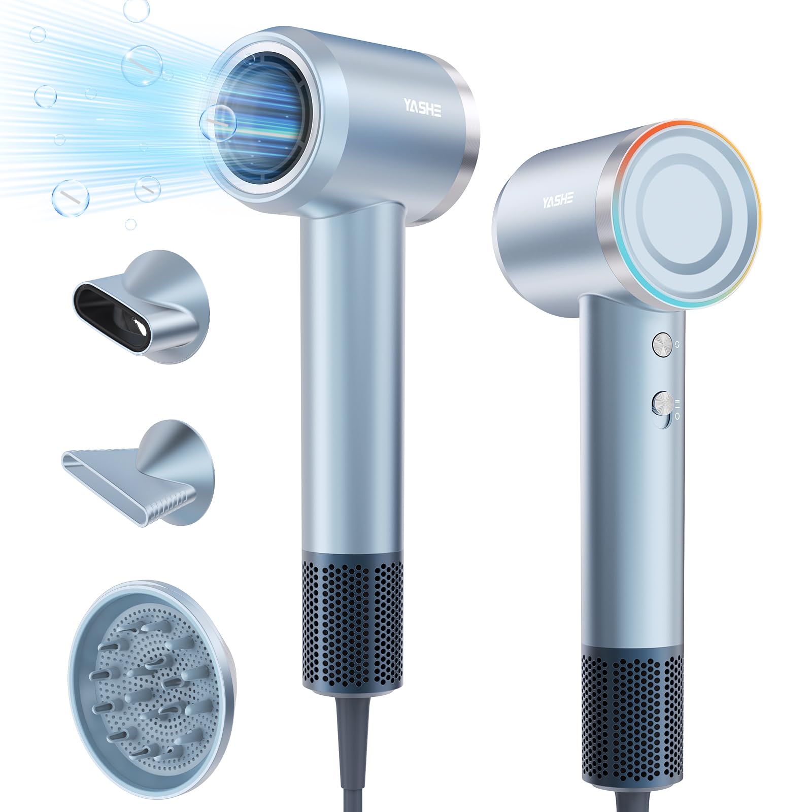 YASHE Hair Dryer, 110,000 RPM High-Speed Brushless Motor, Low Noise Fast Drying 22m/s, Hairdryers for Women & Men, 1 Diffuser and 2 Concentrator, Negative Ionic Blow Dryer for Salon Home Travel