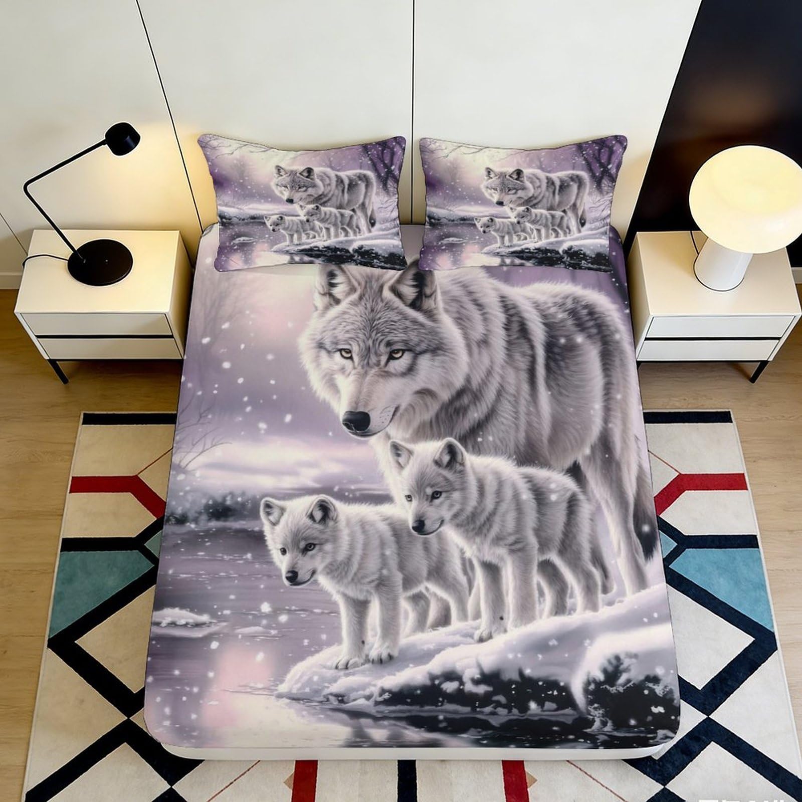 3D Printed Wolf Family Fitted Sheet Microfiber Soft Durable Snow Scene Bed Cover for Bedroom Dormitory Guest Room Mattress Protection 120x200x25cm