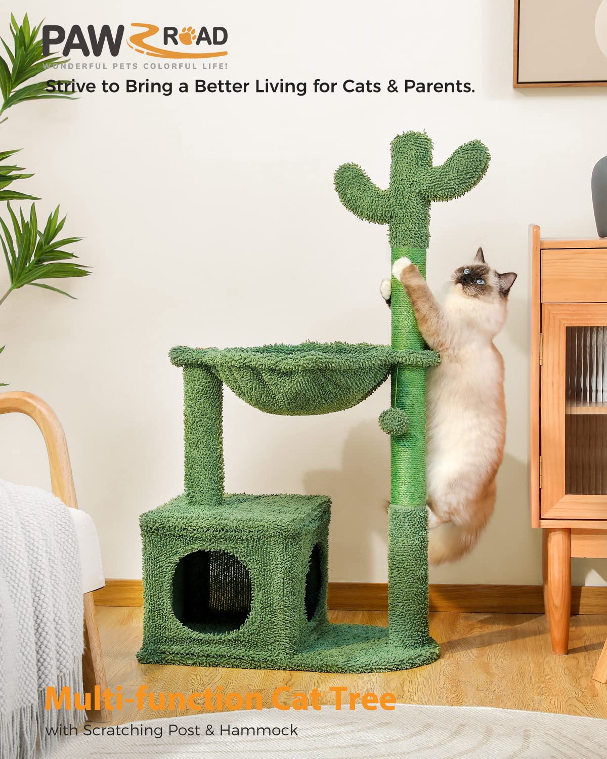PAWZ Road Albero tiragraffi a forma di cactus per gatti interni, tiragraffi per gatti, torre da gioco per gatti con amaca, 102 cm, AY401-AMT0195GN