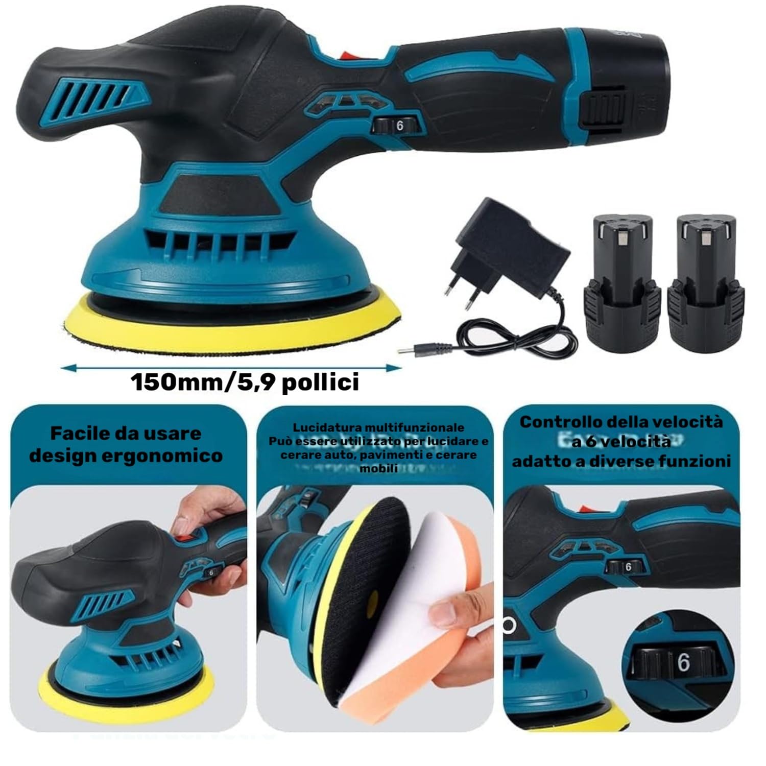 Lucidatrice Levigatrice Rotorbitale per Auto Doppia Batteria 12V 2.0Ah 5000RPM con 6 Velocità Regolabile Lucidatrice Elettrica Portatile ideale per Carrozzeria, Falegname, Ceratura + Accessori