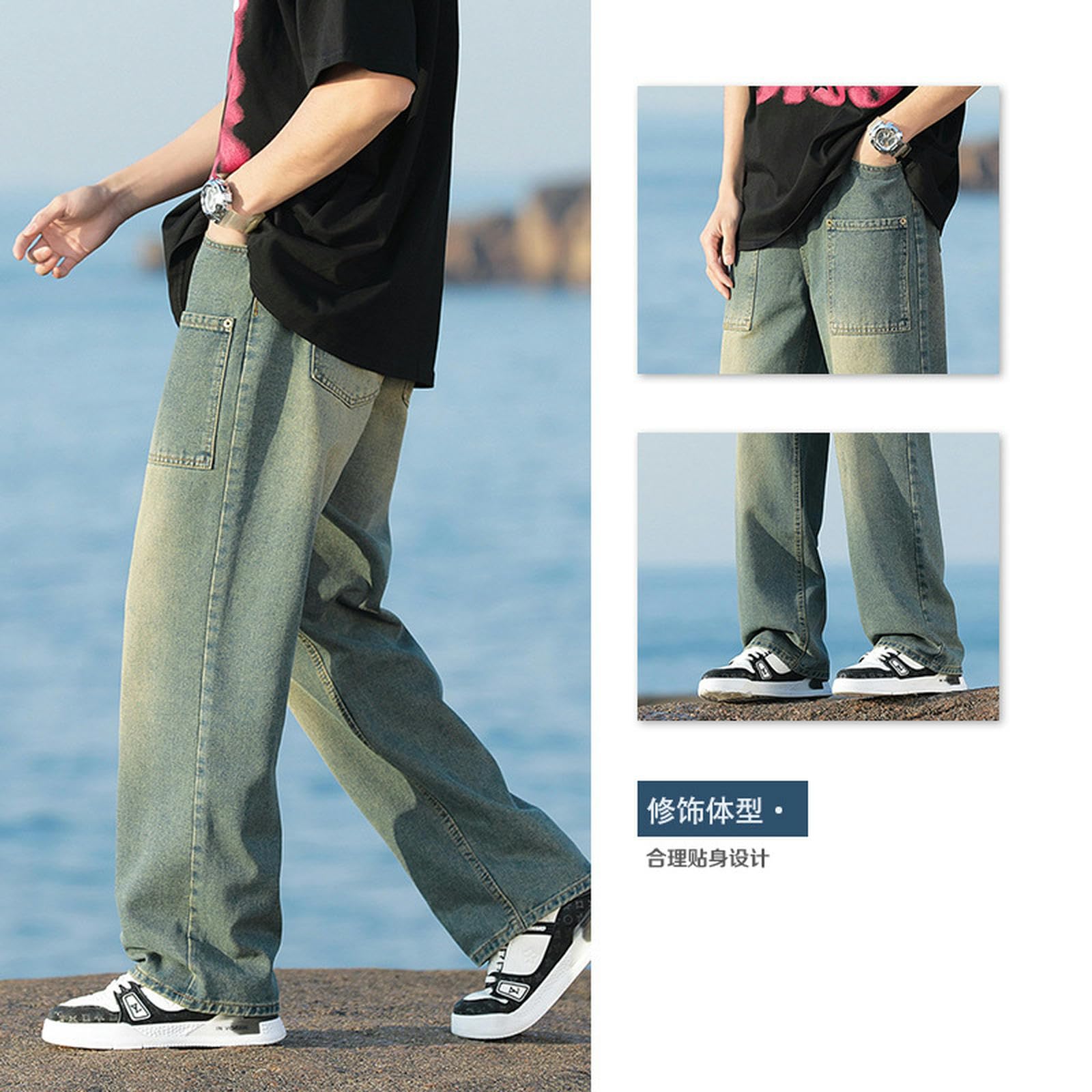 Jeans Blu Tutto-fiammifero Dritto Estivo Largo Casual Non Elastico Pantaloni Larghi giovanili Uomo-Blu-M