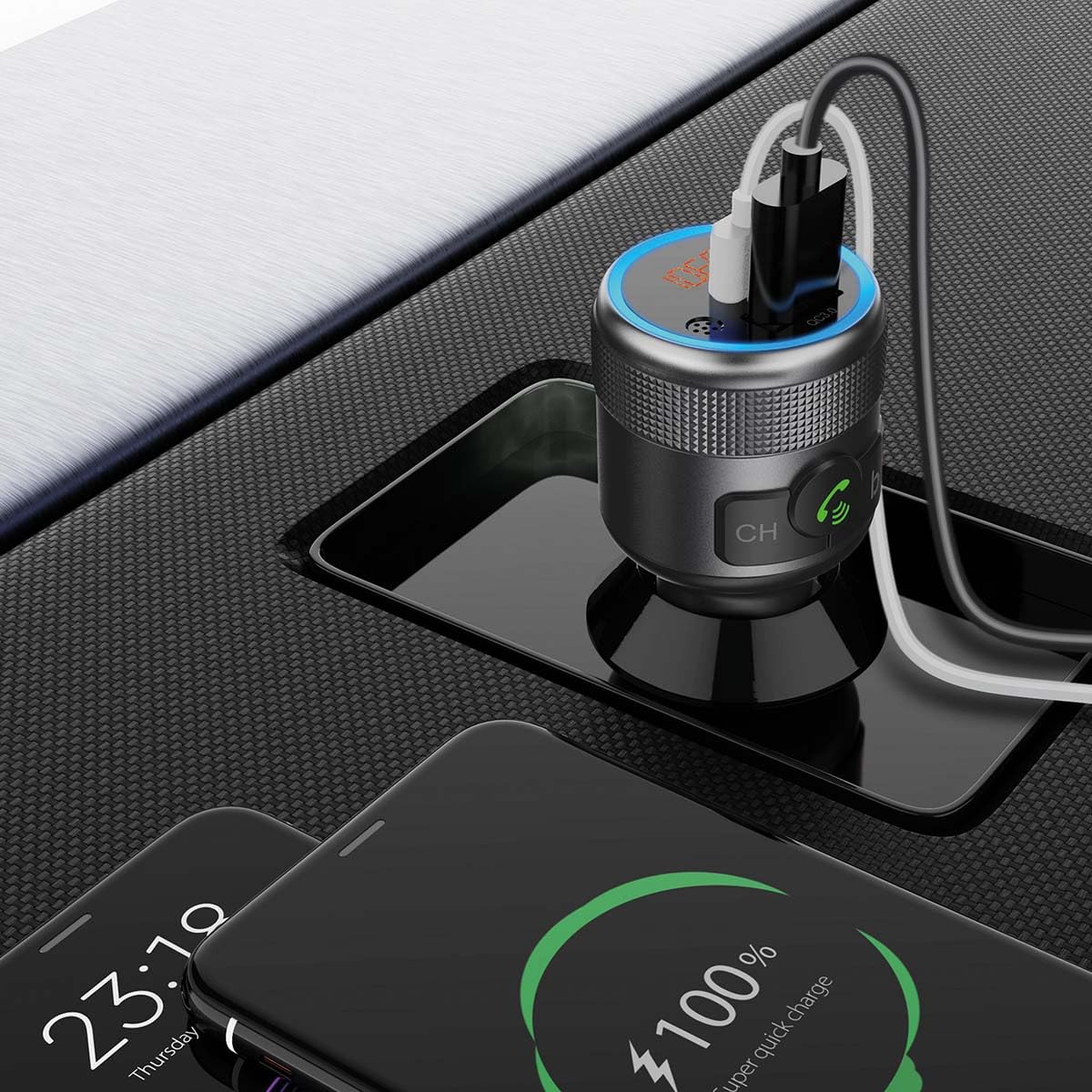 Nedis Kfz Audio FM Transmitter - Fest - freisprechend - 1" - Amber Screen - Bluetooth - PD 18 W/PD 24 W - Schnellladung - Bass Boost - Google Assistant/Siri - Schwarz