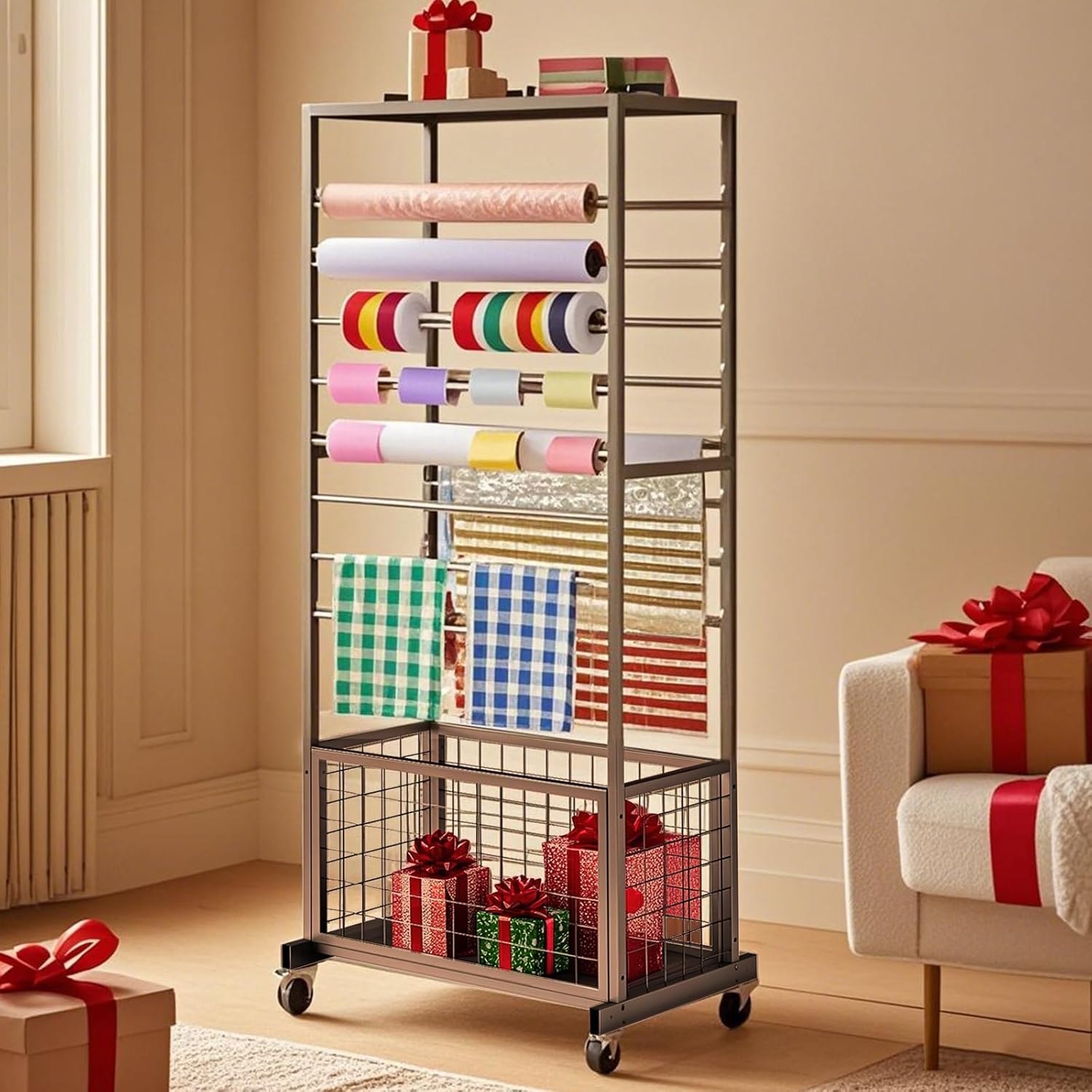 16 Tier Ribbon Holder Rack, Multifunctional Flower Wrapping Paper Rack,Double-Sided Ribbon Spool Shelf Suitable for Flower Shop, Craft Room, Cake Shop Ribbon Display Stand (Black)