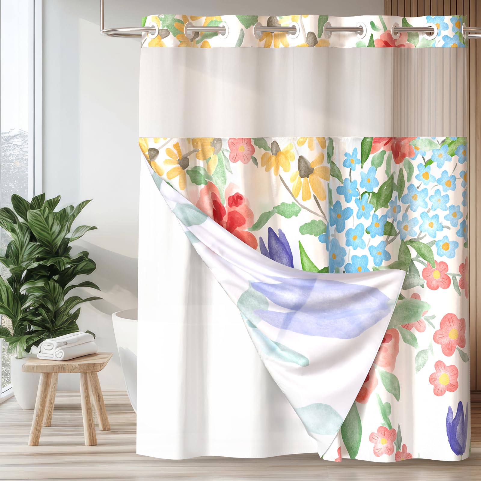 Colorful Star Floral Shower Curtain with Snap in Liner, Watercolor Red Flowers Cloth Bath Curtain, No Hook Shower Curtains with Mesh Top Window, 72 x