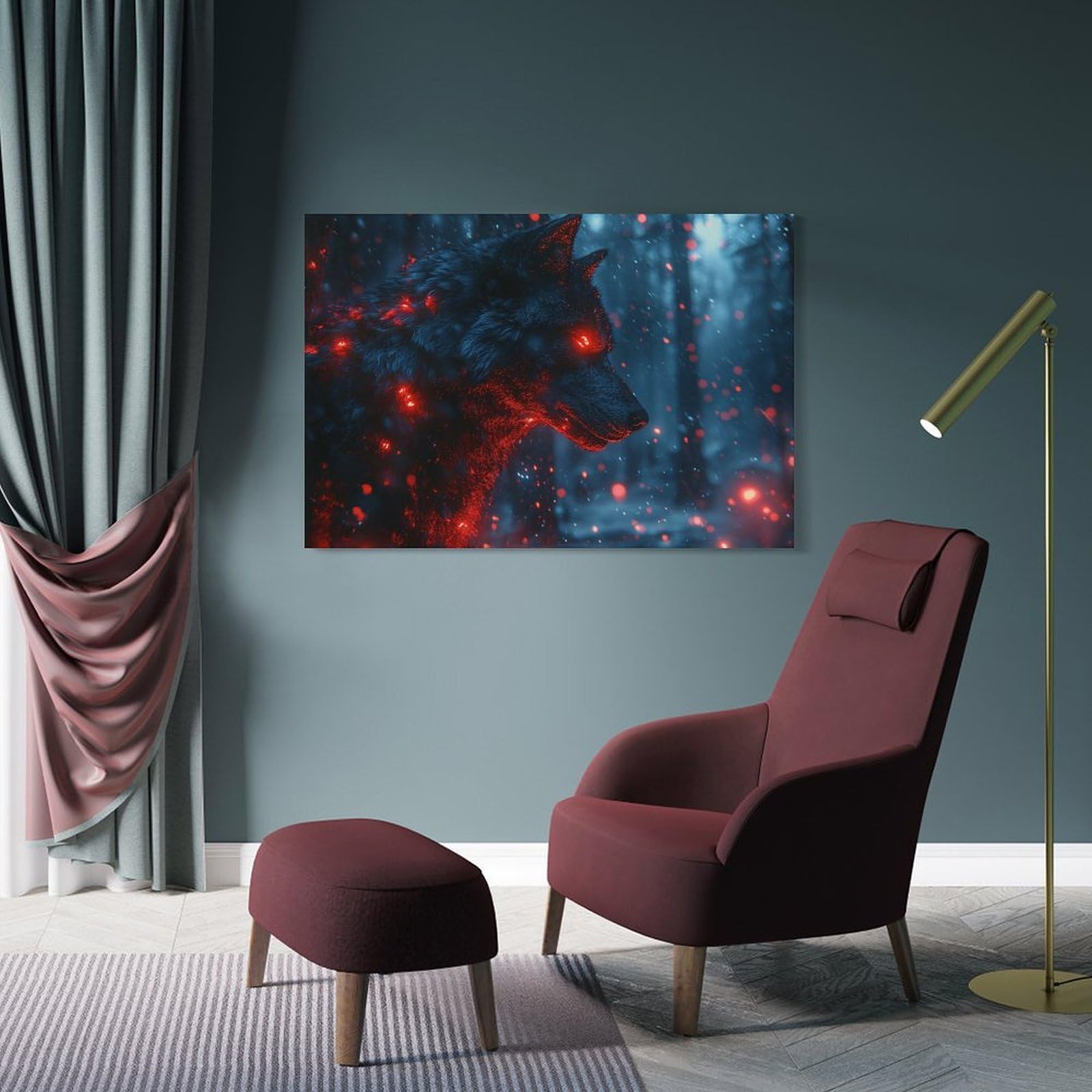 Junmoney Fiery Wolf in Dark Forest Hanging Wall Art, 24x36inch(60x90cm), for Lounge, Bedroom Or Personal Spaces, Gift Idea for Housewarming And Birthdays