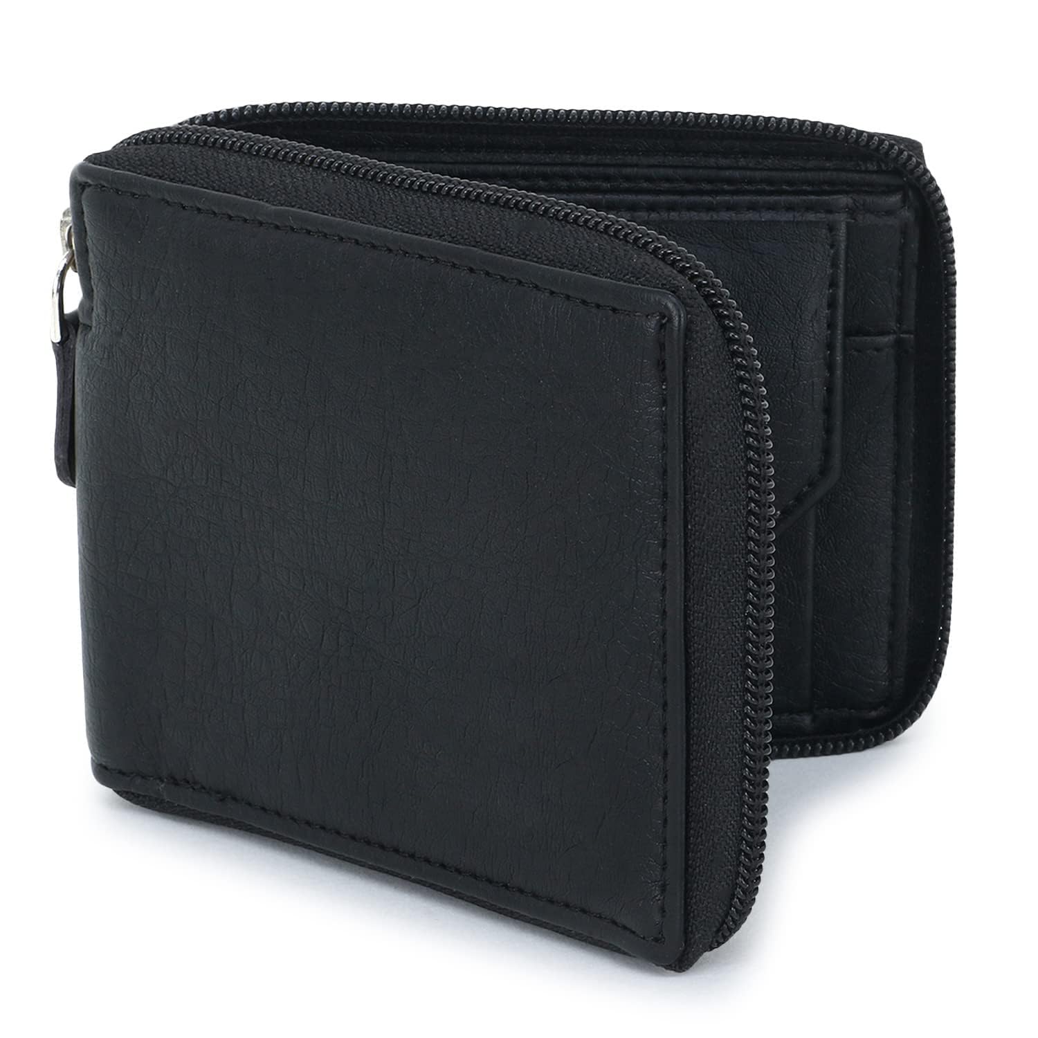 just-style Leather Zip-Around Bifold Wallet for Men, Card Holder with Multiple Slots (Black)-picture-51