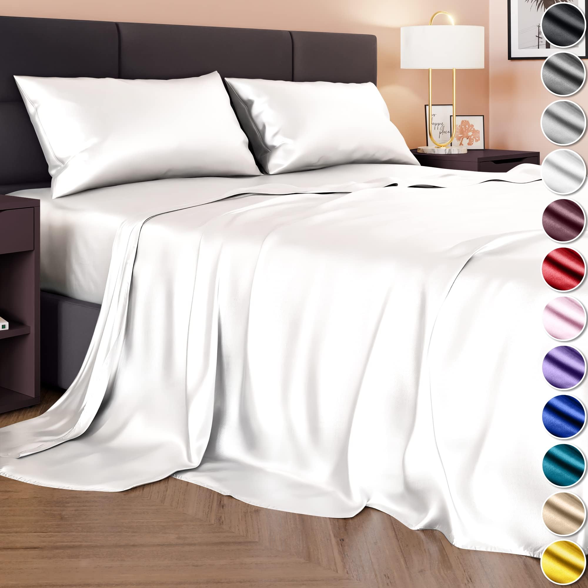 DECOLURE Satin Bed Sheets - 6 Piece Luxury Silky Queen Size Bedding Set - Softer Than Silk, Wrinkle-Free with 15” Deep Pocket Fitted Sheet, Perfect for Hair & Skin, Gifts for Women (White)