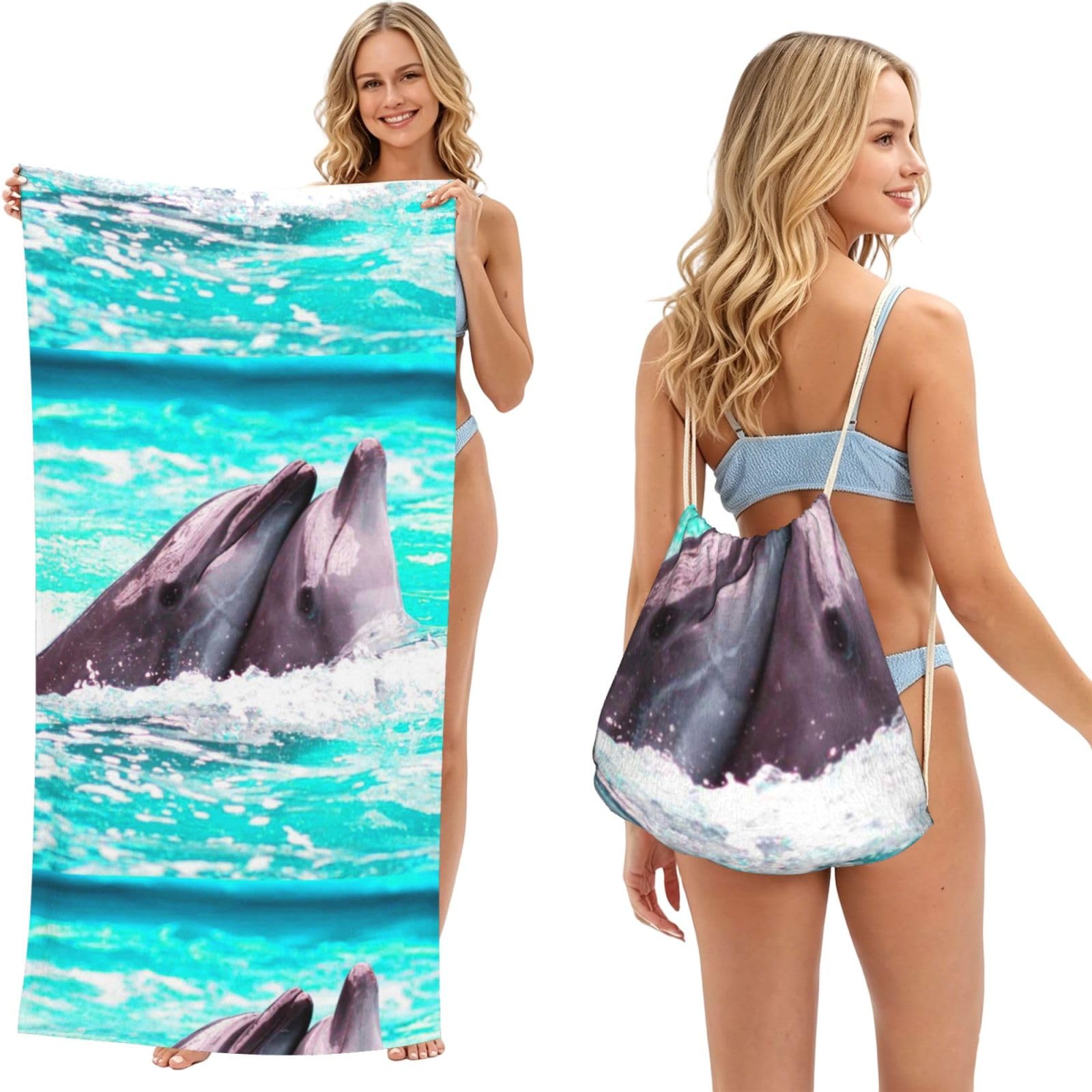 Poadnly As Picture Dolphin Printed, 2 In 1 Packable Towel Bag, Beach Towels With Drawstring Backpack For Travel Holiday Camping