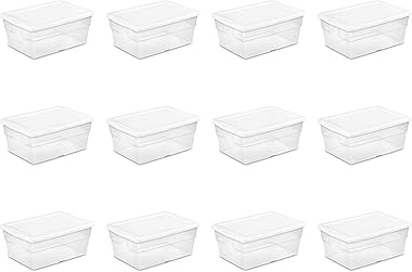 Sterilite 16448012 16 Quart/15 Liter Storage Box, White Lid with Clear Base, 12-Pack