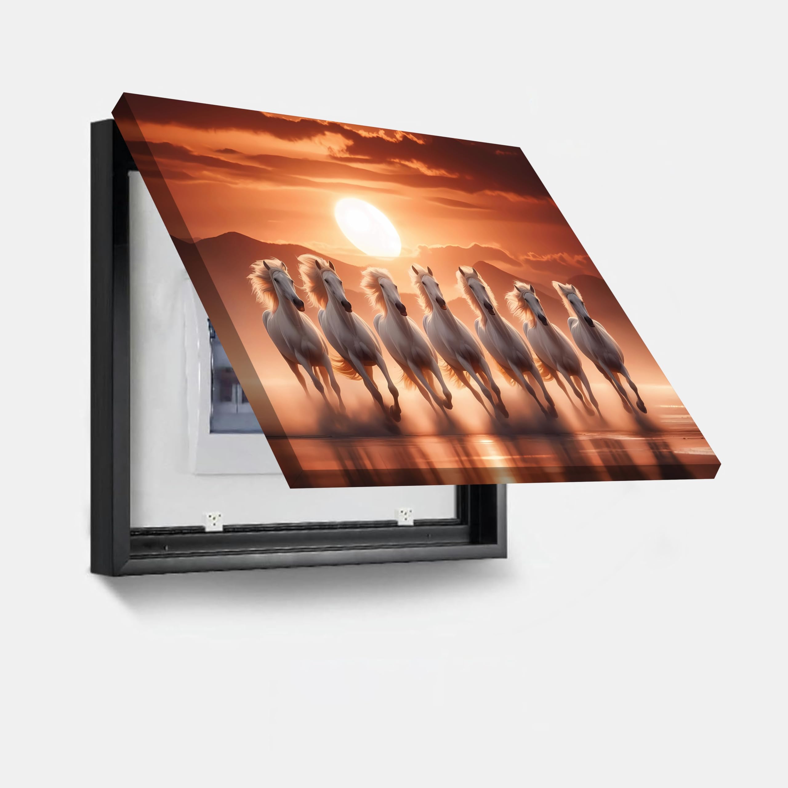 PAINTINGMANTRA Electric Meter Box Decorative White 7 Running Horse Painting Electrical Panel Cover with Switch Box will Fit Max 10 x 13 inche Switch Board, Painting Outer (Size 13X17 Inch)