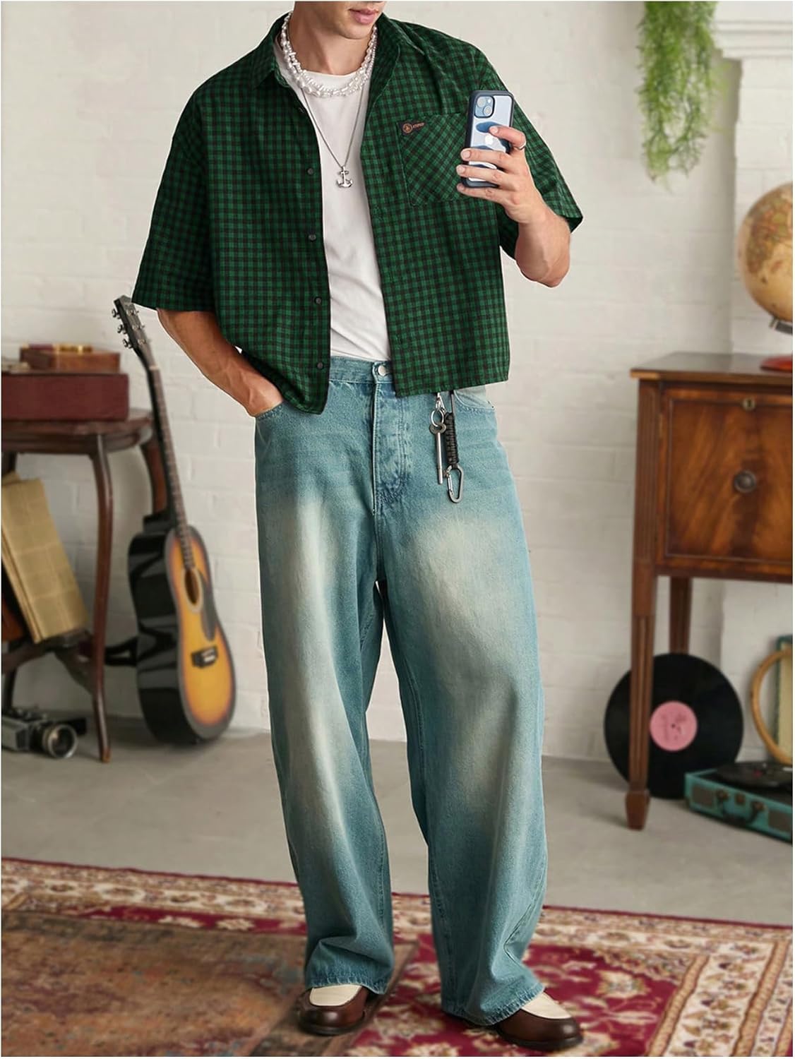 SHENHE Men's Plaid Button Down Short Sleeve Shirt Loose Fit Casual Shirt with Chest Pocket - Image 4