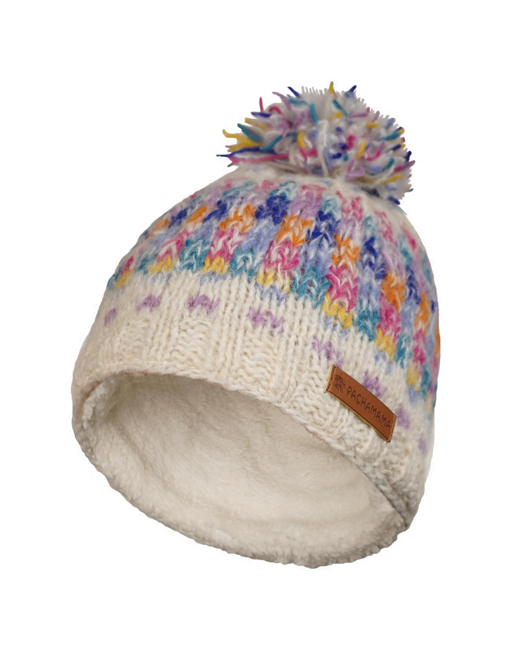 Pachamama Women Soft Wool Mohair Beanie Bobble Hat Sherpa Fleece Lined Handknitted Chequers Pastel Multicoloured One-Size Handmade Extra Warm Fair Trade (UK, Alpha, One Size, Oatmeal)