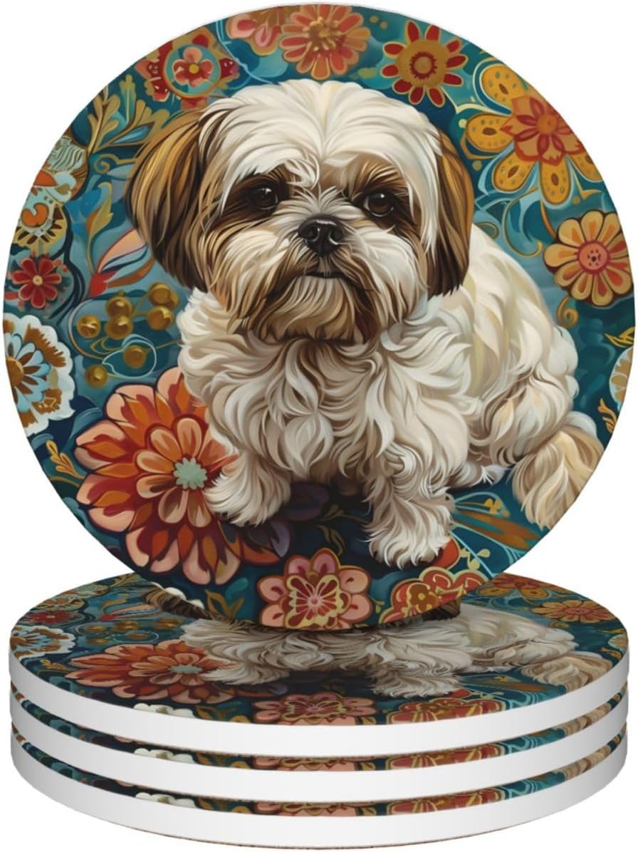 Shih Tzu Dog Mom Gift Ceramic Coffee Mug Wine Glass Tea Cup Absorbent Beverage Coasters 4 Pack,Father Gift Moisture Non-SlipCupholder Coasters Kit for Dog Birthday Party Memorial