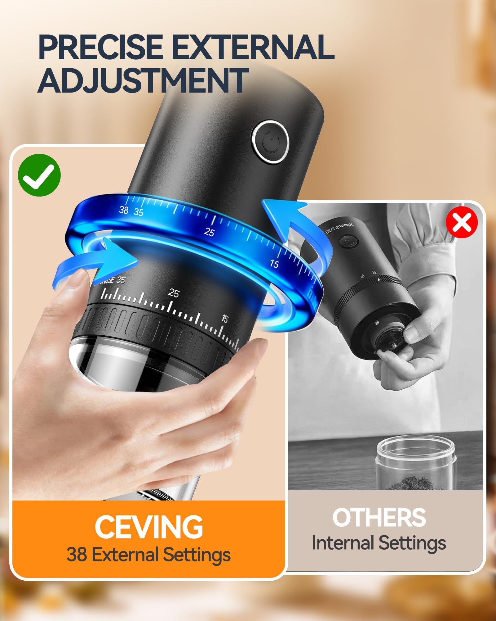 CEVING Primer Molinillo de Café Recargable que Muele Mientras se Carga, Molienda 1,7 Veces Más Rápida con 38 Ajustes Externos Ajustables, Fresas Cónicas de Cerámica y Batería de 2000mAh, Portátil para