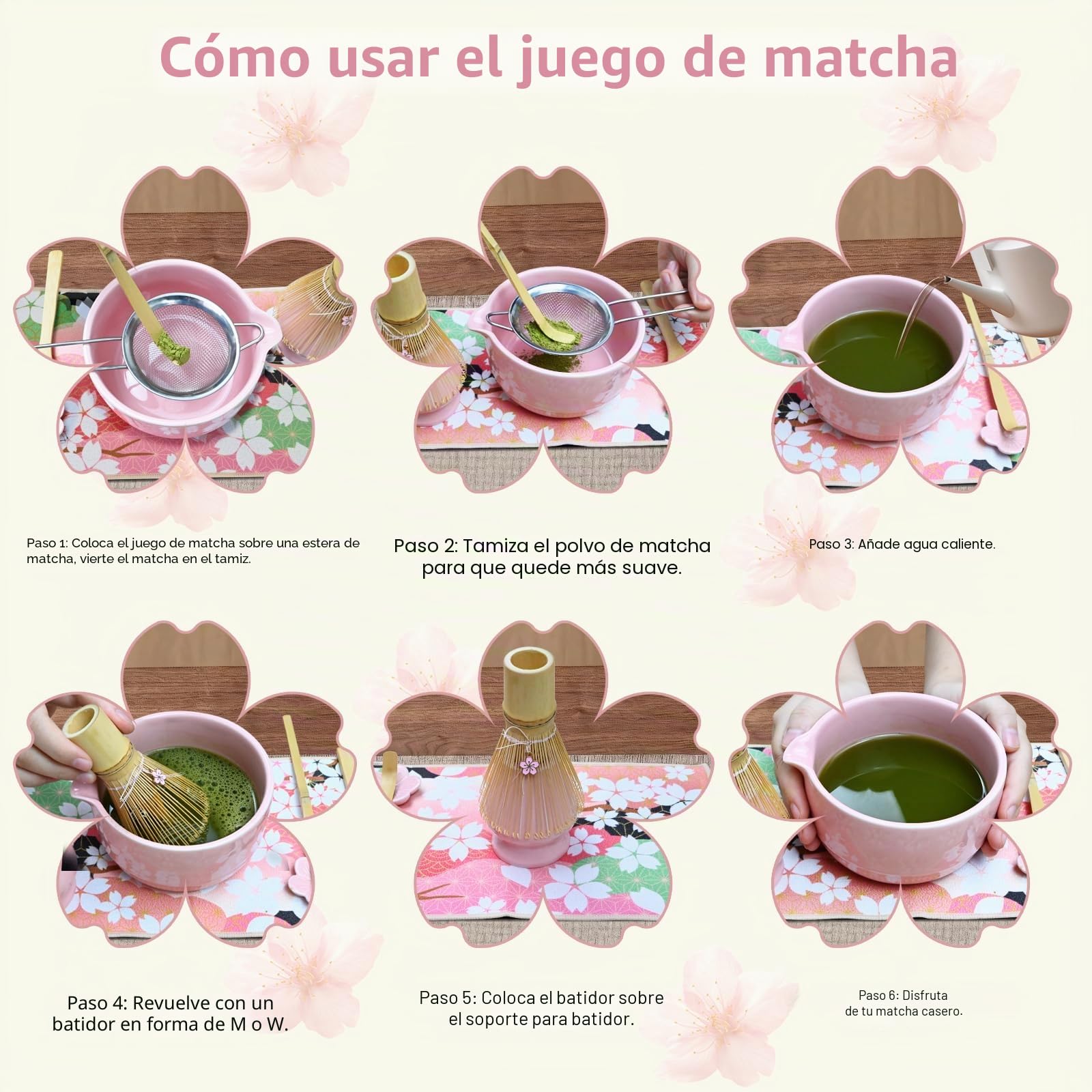 Matcha Kit - 8 piezas Te Matcha Kit Batidora de Matcha de Bambú, Cuenco de Matcha, Cuchara, Colador, Portacucharas, Soporte para la Batidora, para el Hogar, la Oficina y los Salones（Rosa）