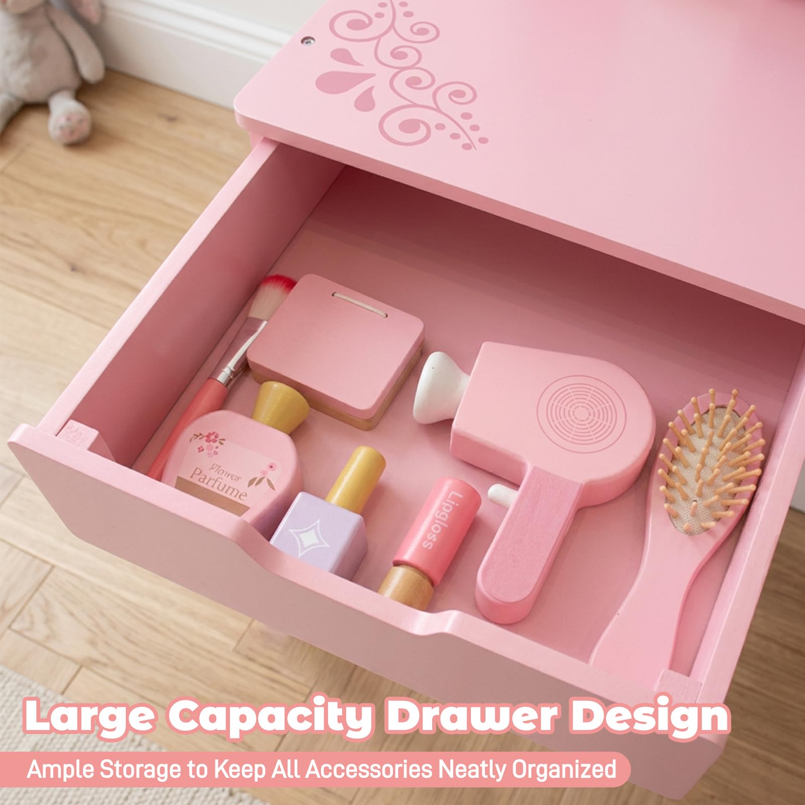WOODENFUN Rosa Retro Palissaden Prinzessin Schminktisch für Kinder mit Hocker, Schublade, Make-up-Set, multifunktionaler hölzerner Gitter Schminktisch für Kindergeburtsgeschenk