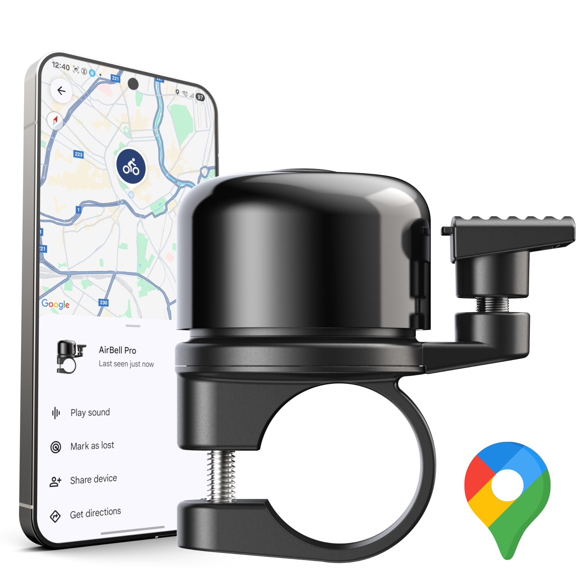 AirBell Pro - Sonnette de vélo pour Android - Avec traceur intégré - Compatible avec Google Mon appareil de recherche réseau (guidon standard de 22,2 mm)