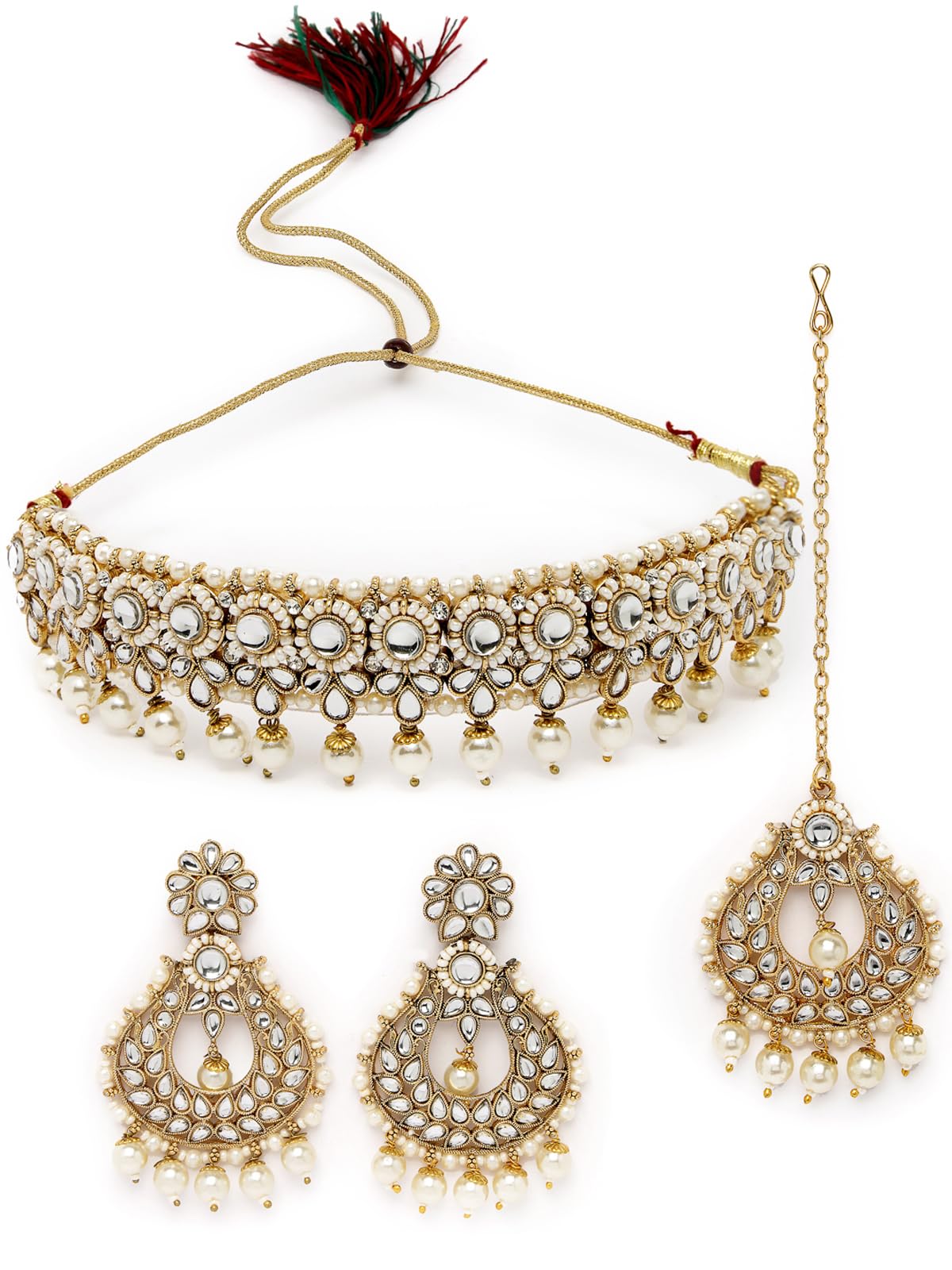 Delightful Round Shaped Gold Plated Multi Kundan & Beads Studded Choker Necklace Set For Women-image-42