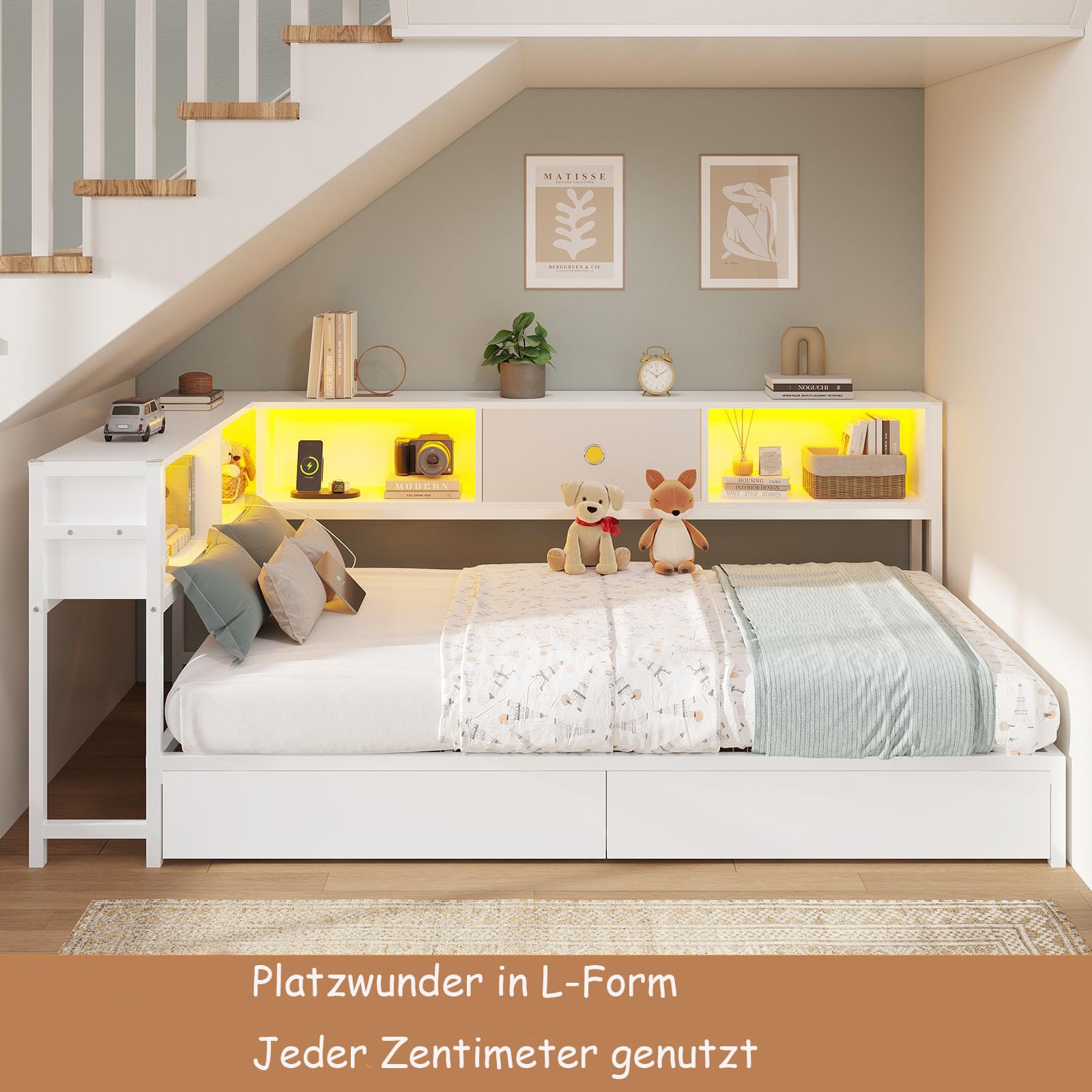 DICTAC Jugendbett 90x200 mit LED-Beleuchtung und Ladestation, Schlafsofa 90 x 200 mit stauraum-5 Staufächern und 2 Schubladen, Tagesbett Einzelbett 90x200 mit Lattenrost aus Metall, weiß LED Daybed