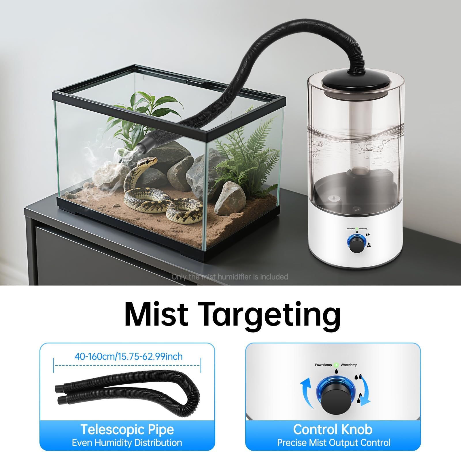 Humidificador de reptiles y tanque de nebulización de 4 litros con manguera ajustable de apagado automático para reptiles, anfibios, herpes, vivero