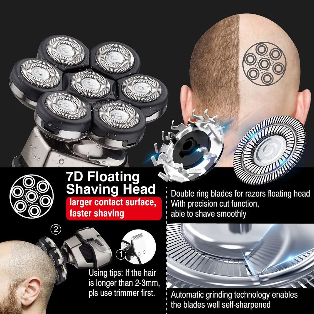 Head Shavers for Bald Men, Men Electric Razor 6-in-1 Shaver Bald 7 Cutter Head Shaver Multifunctional Razor Alien Shape IPX6 Waterproof Grooming Kit
