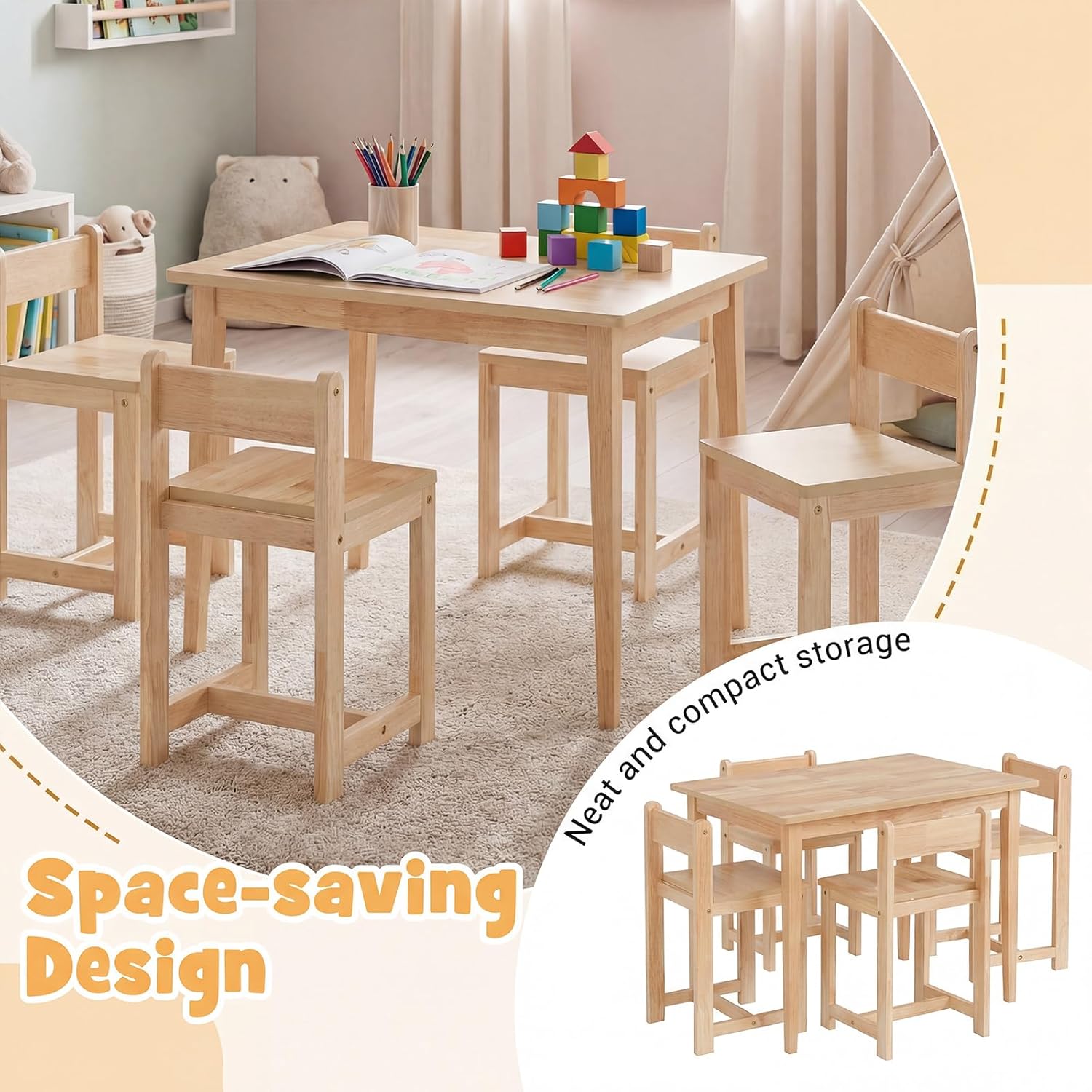 Costzon Kids Table and Chairs, 5 Pieces Rubber Wood Toddler Desk Set for Arts, Crafts, Homework & Snack Time, Kindergarten & Playroom,Toddler Table and Chair Set for Children 4+ Years Old (Natural)