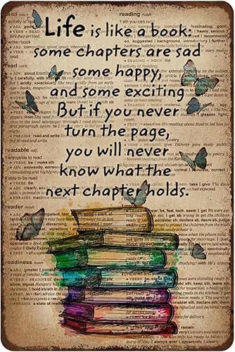 Mocozim Letrero de metal retro con texto en inglés "Life is Like A Book", decoración de lectura vintage para sala de estar, oficina, aula,