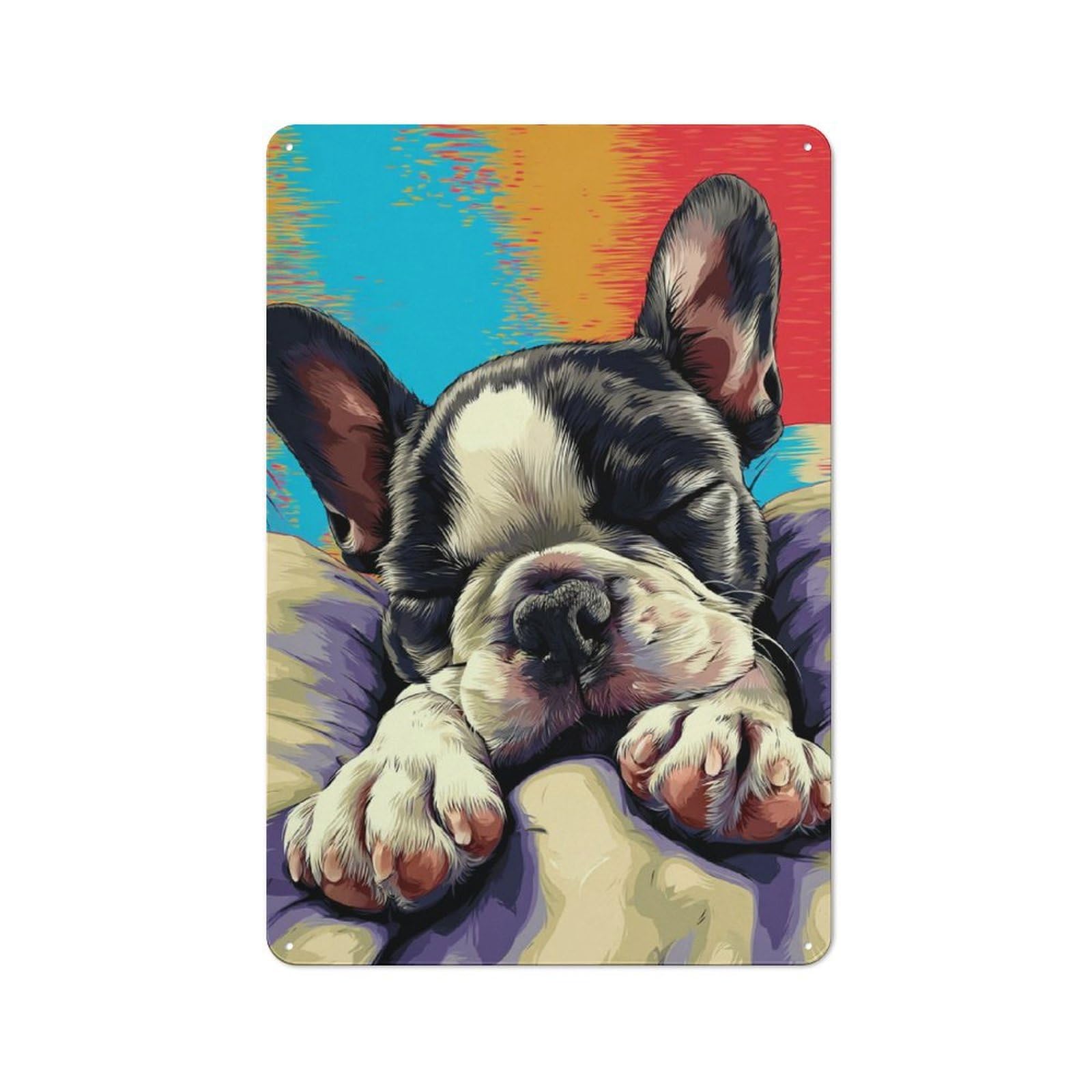 Junmoney Sleepy French Bulldog Portrait -1 Rustic Metal Plaque 30X20cm For Hobby Room Or Studio, For Creative Interior Collectors