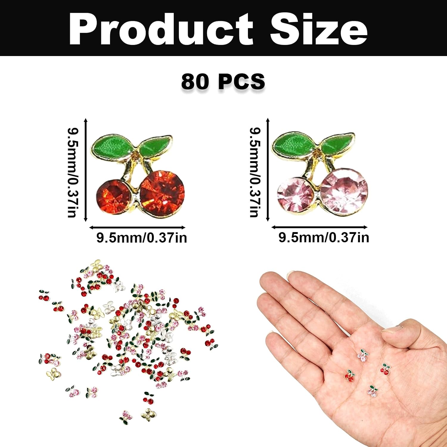 80PCS Mini 3D Cherry Nail Charms, Rhinestones Cherry Gems Studs for Nails, Valentines Day Fruit Theme Alloy Charms for Women Nail Art Makeup Scrapbooking Jewelry DIY Crafts Decoration Accessories