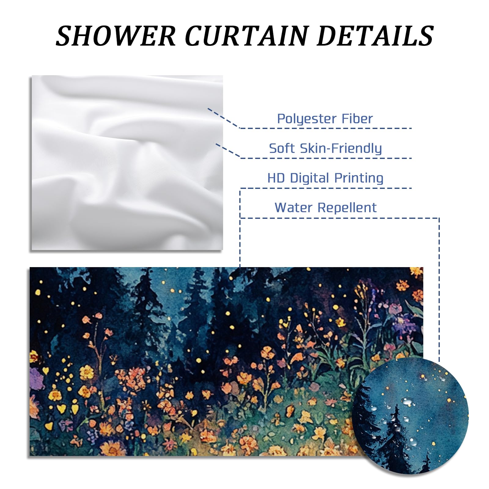 Rideau de douche floral aquarelle bleu ciel avec fleur orange pour décoration de salle de bain, rideau de douche artistique moderne en tissu imperméable avec crochets 183 x 198 cm