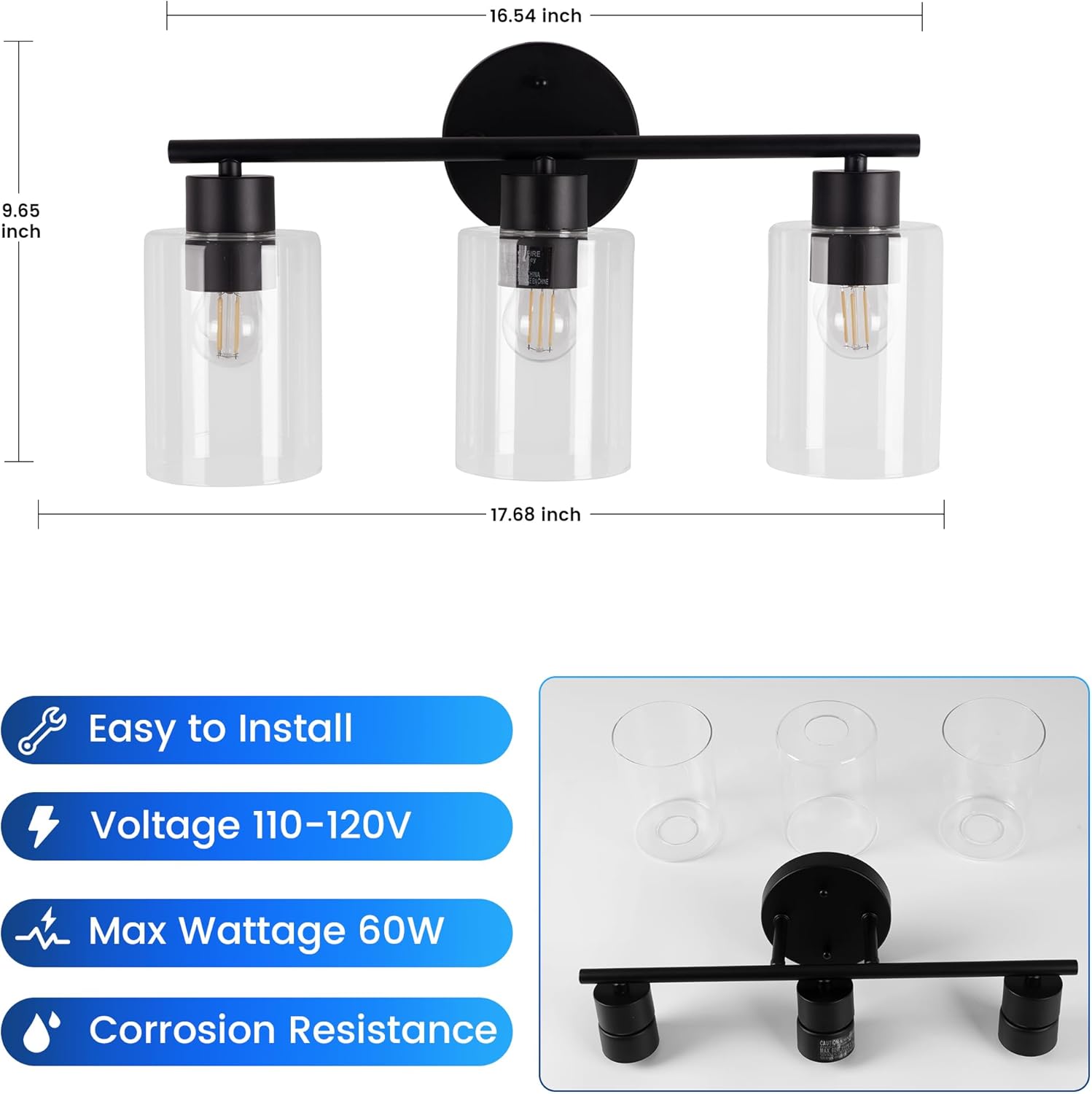 3-Light Bathroom Light Fixtures, Black Vanity Lights Over Mirror, Modern Bathroom Vanity Light with Clear Glass Shade and E26 Base, Matte Black Vanity Lights for Bathroom Kitchen Hallway