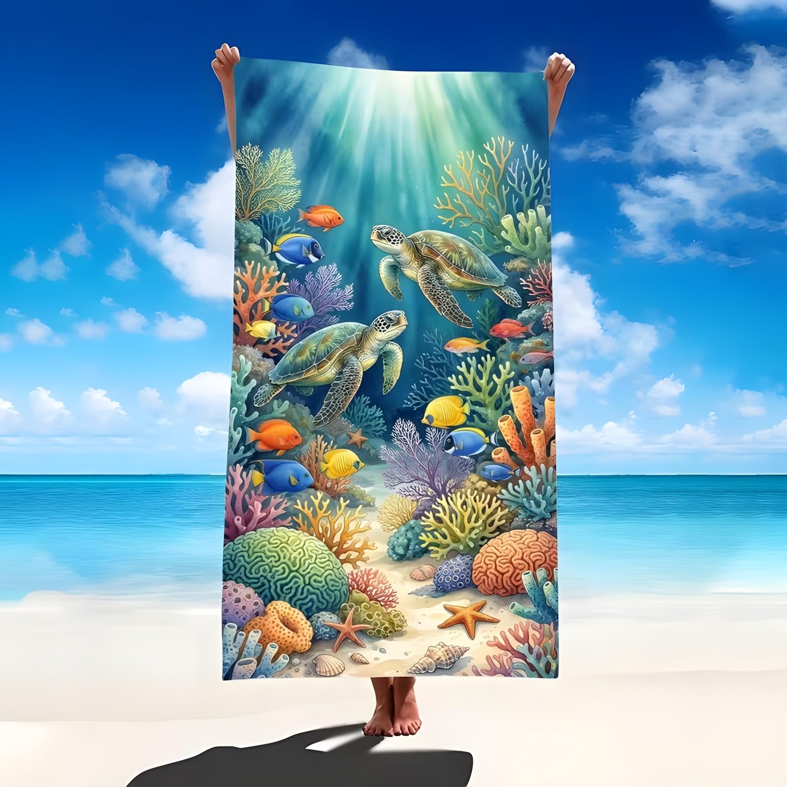 YZQGLHP Seaweed Microfibre Beach Towel Sea Turtles Beach Bath Towel Quick Drying, Lightweight, Sand-Free, Durable, for Pool, Gym, Camping, Travel Towel 180x200cm