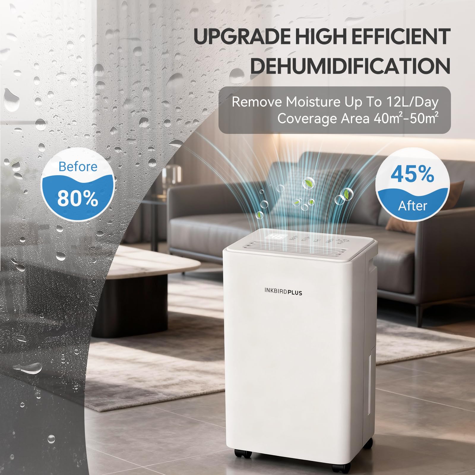 INKBIRDPLUS Osuszacze powietrza, 12L/24h Odwilżanie, 3 Tryby Odwilżacz Domowy, Automatyczne Odefrostowanie, Timer i Ochrona Dzieci, Zbiornik 1800ml + Rura Odwodnienia
