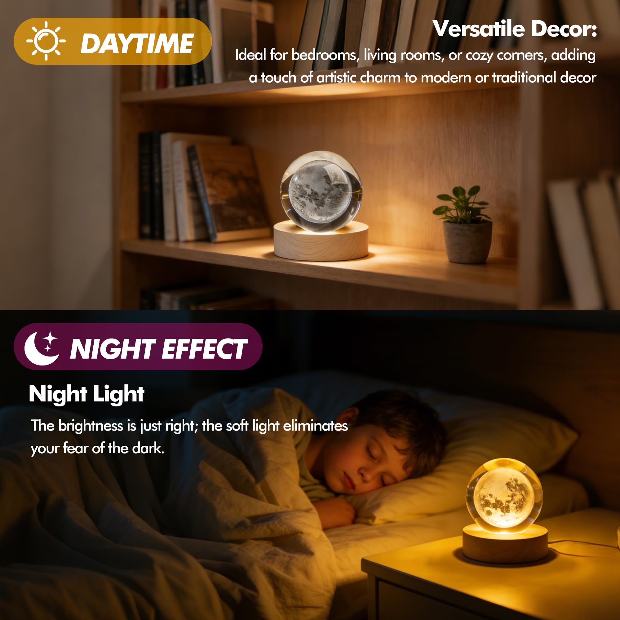 Crystal Moon Crystal Ball with Light Base Night Light 2.3Inches Glass Moon Globe Home Decor Birthday Gift for Women, Friends, Family