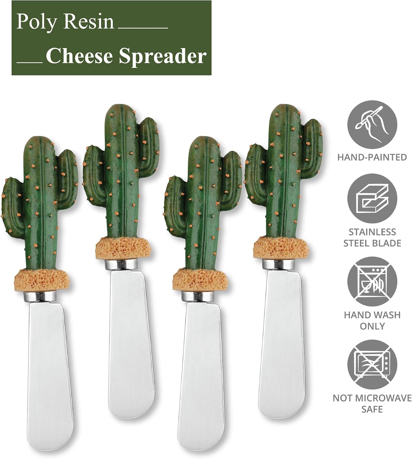 Supreme Housewares Saguaro Cactus Cheese Spreaders, Hand-Painted Resin Handles with Stainless Steel Blades for Spreading Cream Cheese, Butter, Jam, or Sandwich, Set of 4