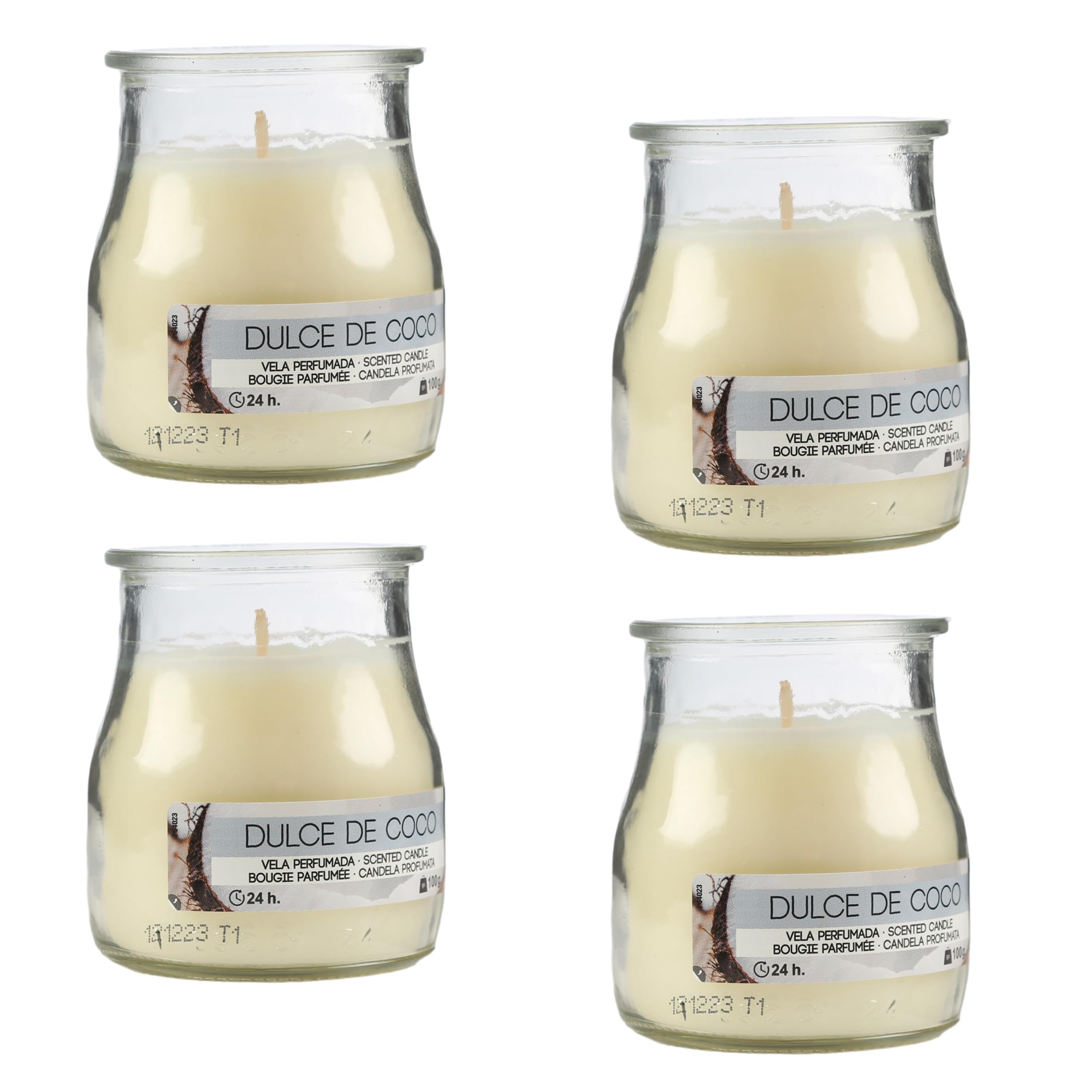 Pack de 4 Velas Aromáticas en Vaso de Yogurt de Cristal Reciclable - 44h de Duración，Cera Vegetal Perfumada, Fabricadas España, 7x6cm (Dulce Coco)