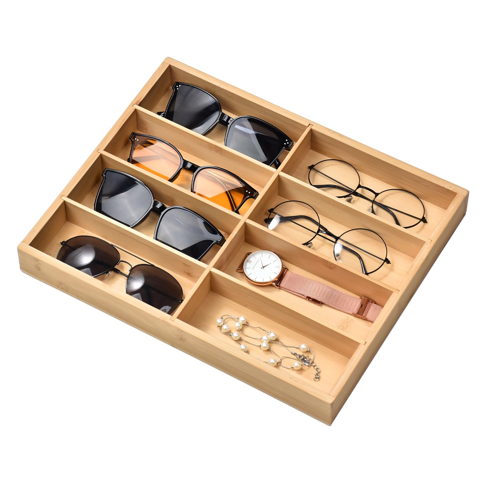 Lunavita Natural Bamboo Glasses Eyeglass Eyewear Sun glasses Sunglasses Box Storage Case Tray Display Showcase Organizer Box (Bamboo 8 Grids)