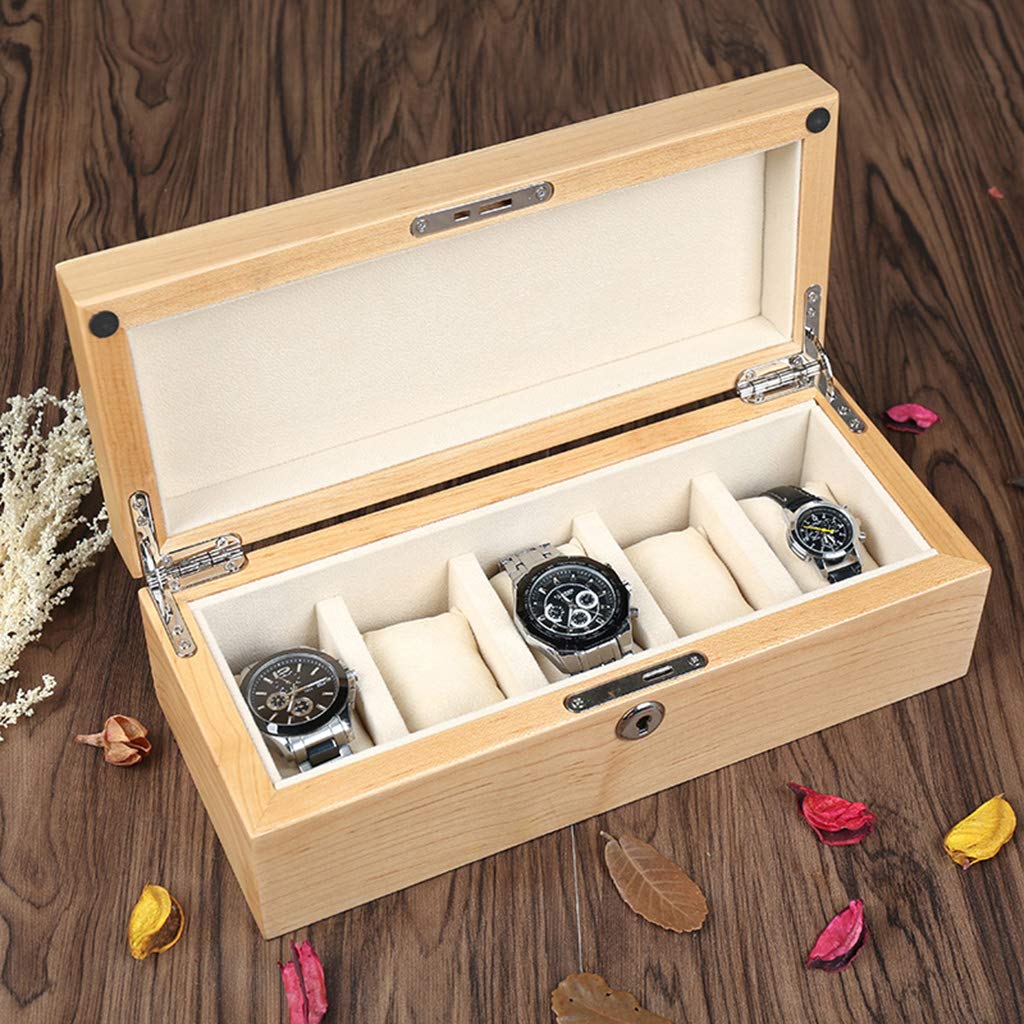 Tapa de vidrio, 5 cajas para relojes, caja de madera para exhibición de joyas, caja de almacenamiento, bandeja para pulsera, hebilla de Metal con cerradura y 6 cojines de almacenamiento extraíbles