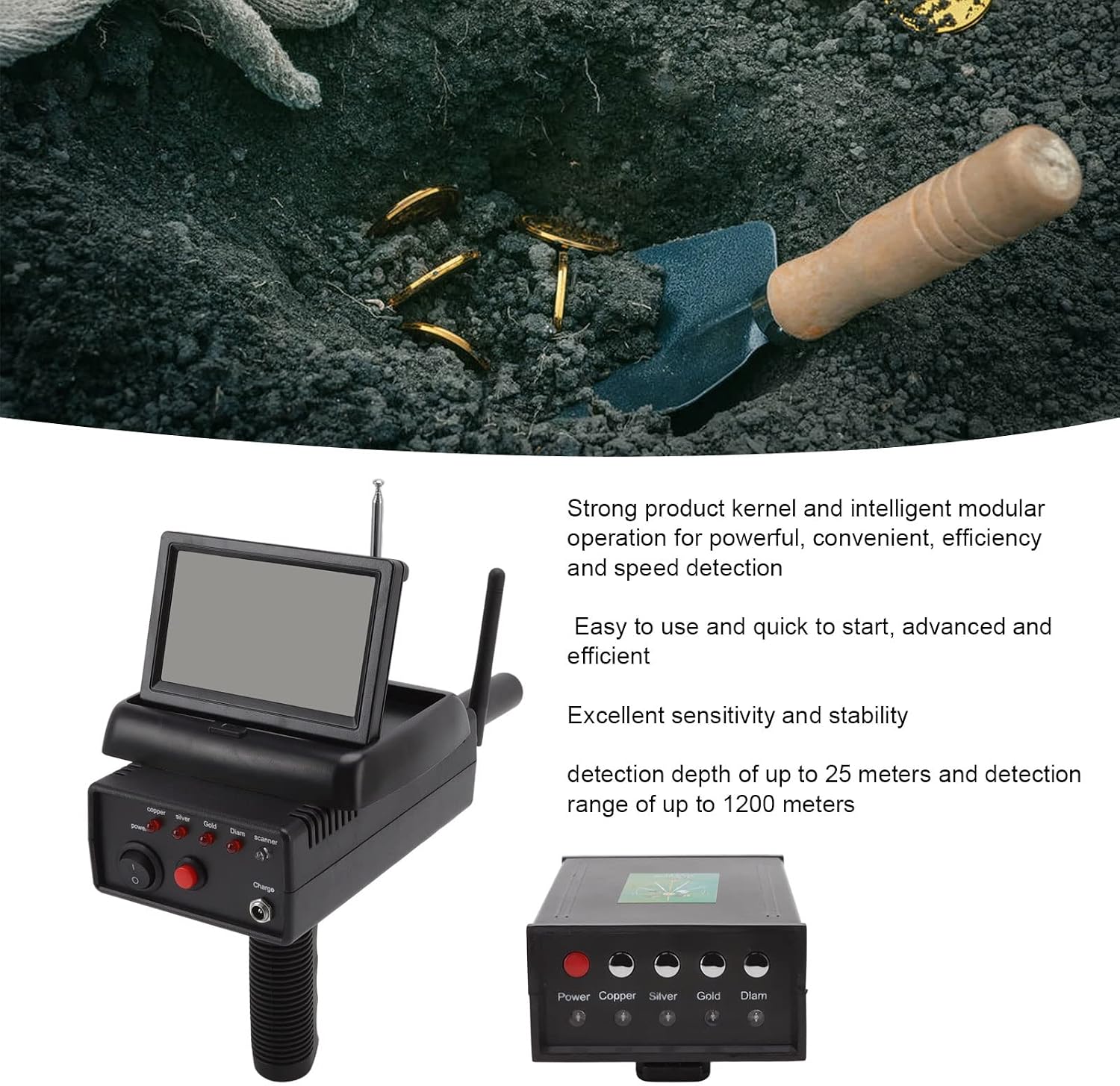 Metal Detector, Professional High Accuracy Metal Detector with Screen, 100‑240V Handheld 1200m Treasure Scanner, 25m Detection Depth Underground Metal Detector Locator for Gold/Silver/Copper(US)