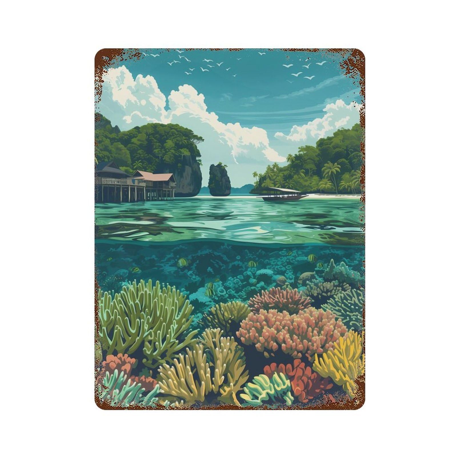 Weathered Tin Sign with Underwater in Raja Ampat Design 15.7"x11.8", for Garage, Bar And Workshop Decor, Decorative Metal Wall Art