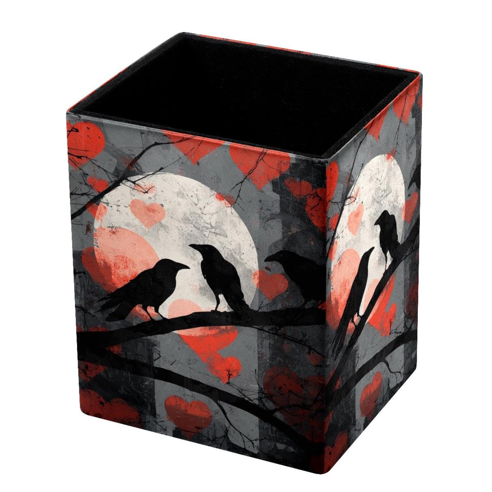 VAPOKF Pencil Holders for Desk, Crows and Love Hearts Printed Pen Holders Pen Pot Makeup Brushes Storage Desktop Stationery Supplies Organiser for Home Office