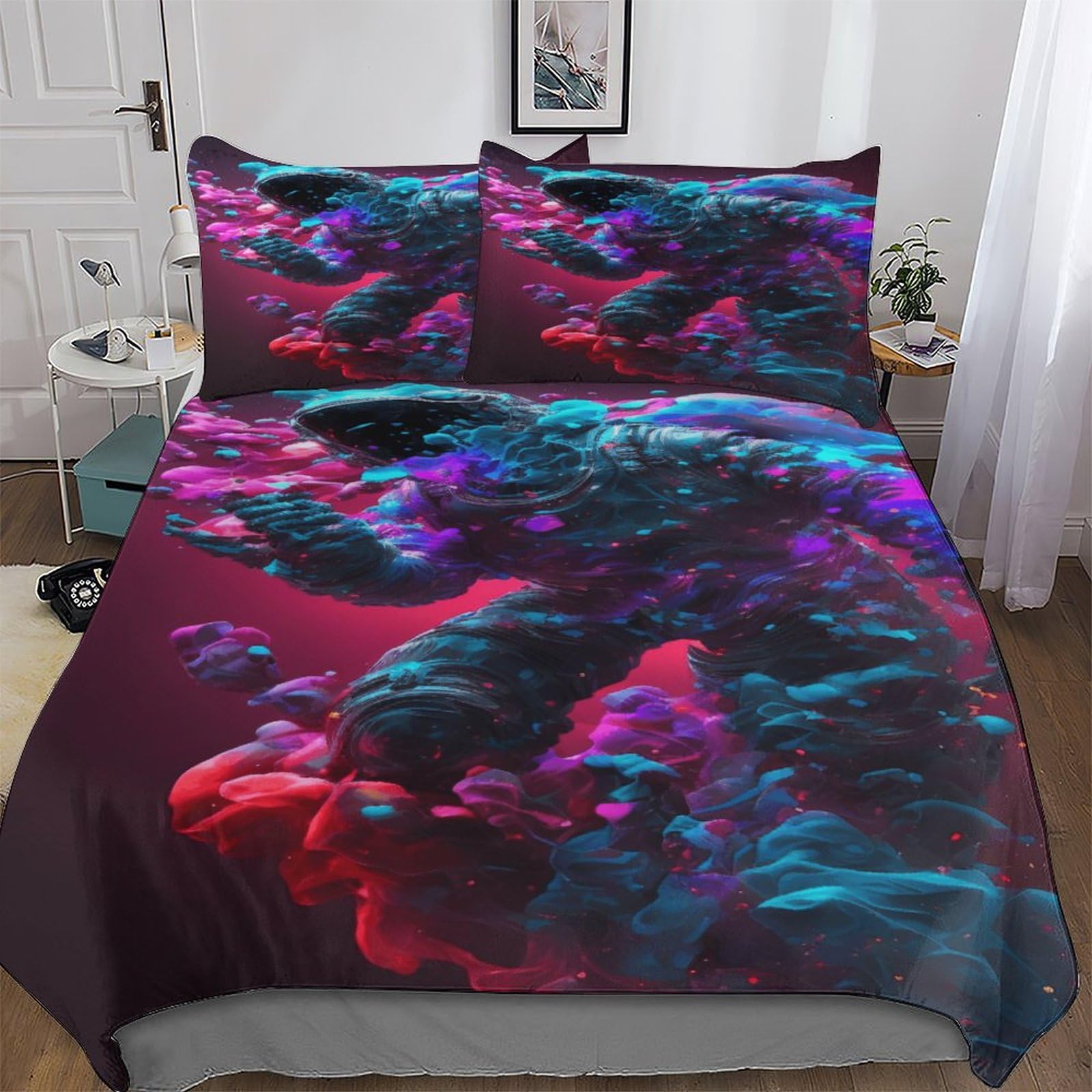 Parure de lit astronaute 220x240 cm en microfibre avec housse de couette et taies d'oreiller