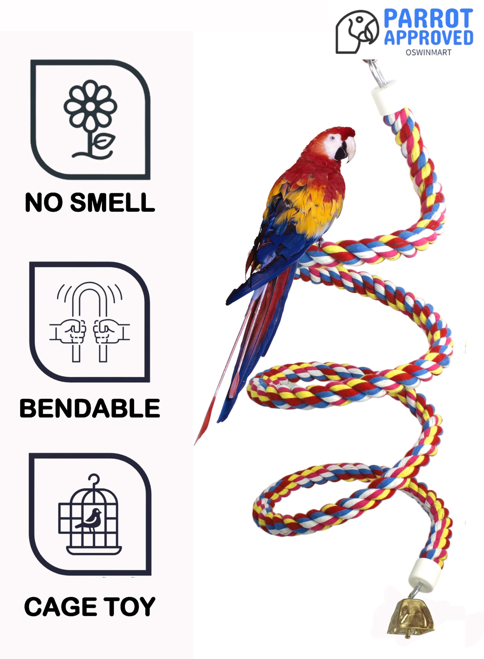 Lot de 2 cordes en spirale pour oiseaux de 200 cm avec clochette dorée - Jouets pour cage à oiseaux 100 % coton naturel - Perchoir à oiseaux - Jouets pour perroquet de taille normale à grande